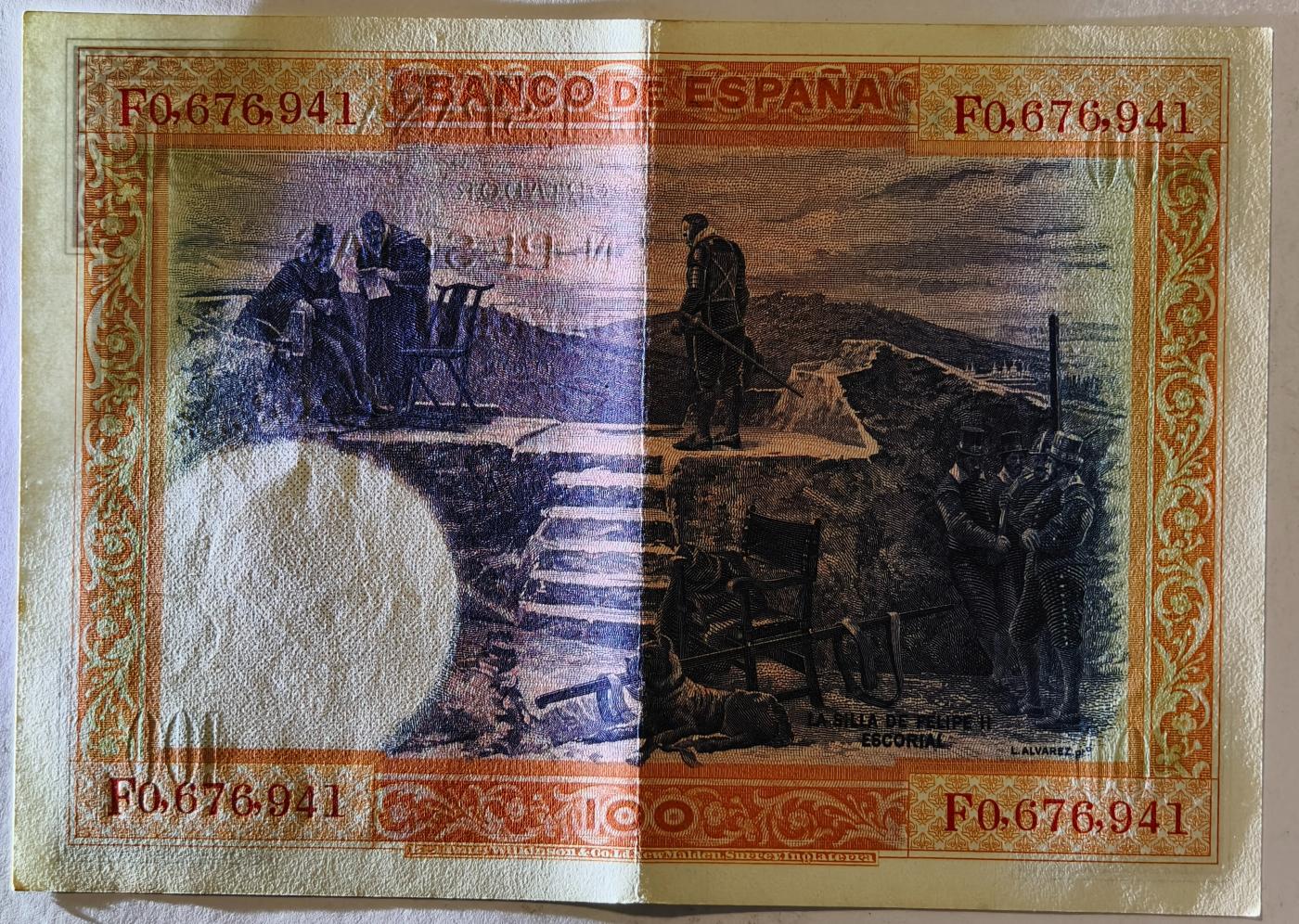 紫瑗钱币——第351期拍卖——纸币场 西班牙 1925年 油画《腓力二世的座椅》 100比塞塔 AU