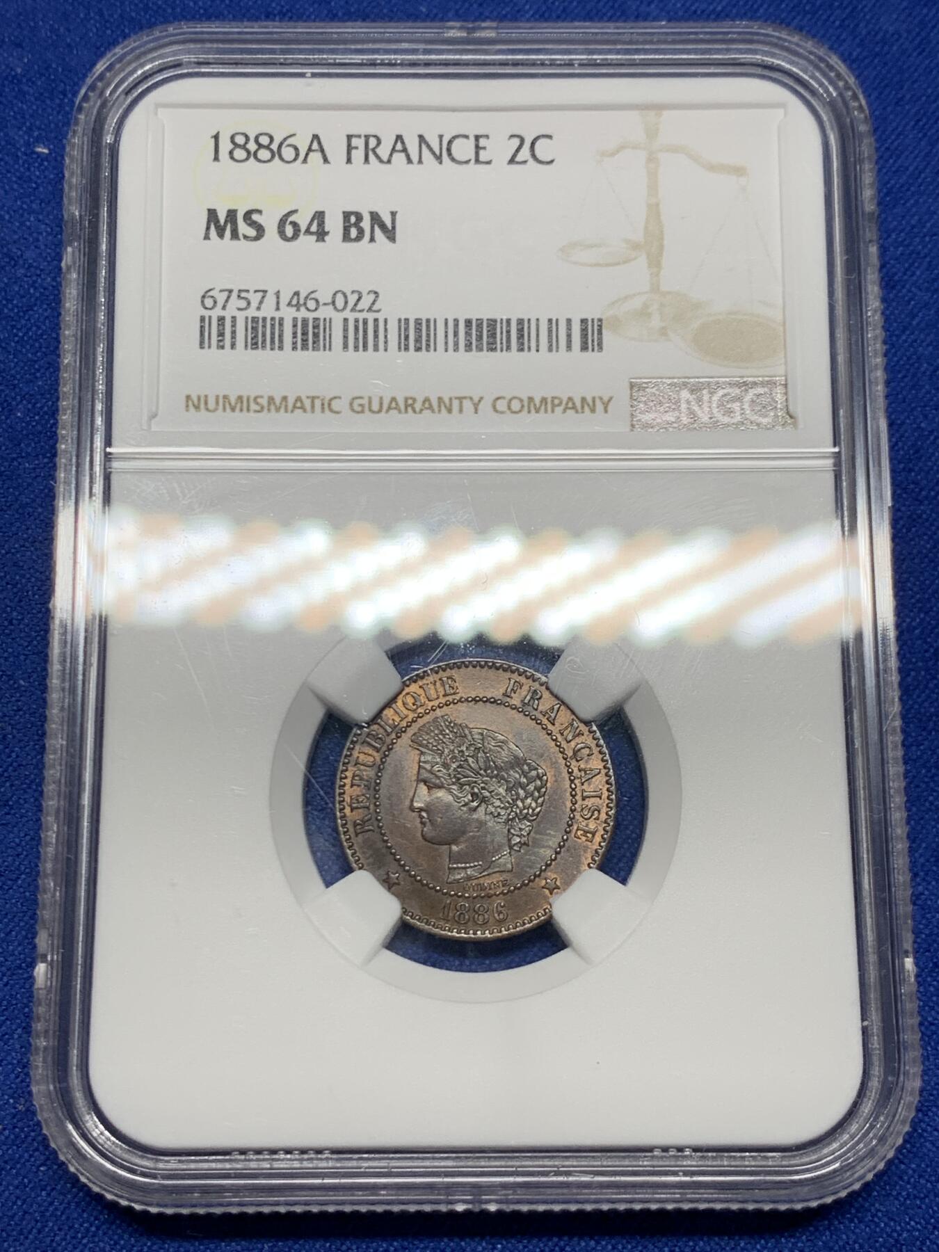 《竞宝斋》第269场- 周日，周一，周二  3场连拍 （全场包邮） NGC MS64BN 法国1886年谷物女神2C铜币 更高分仅一枚 亚军分