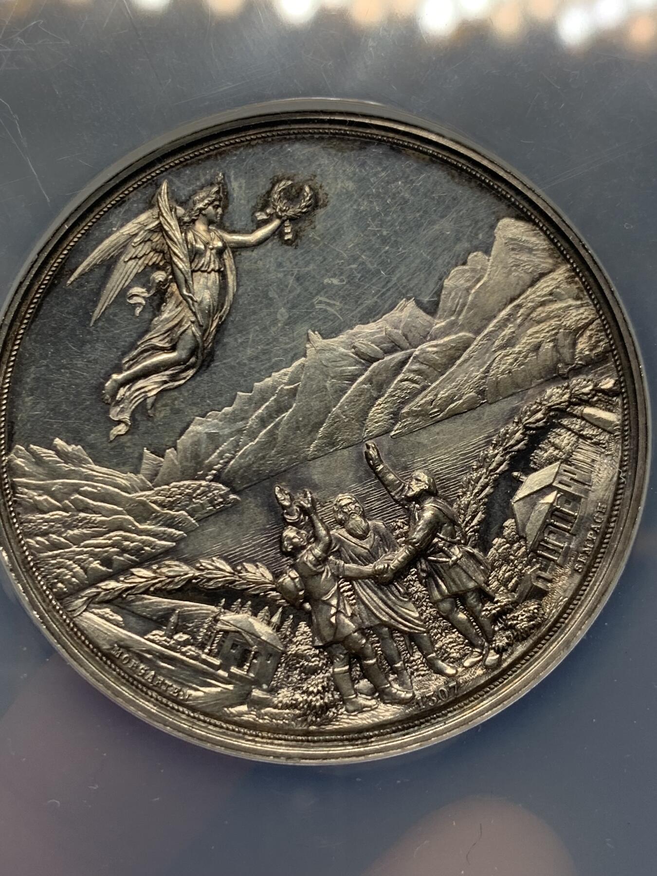 《竞宝斋》第269场- 周日，周一，周二  3场连拍 （全场包邮） NGC UNCD 1891年 瑞士联邦600周年纪念银章 镜面感强烈 背面设计极美 NGC加大盒