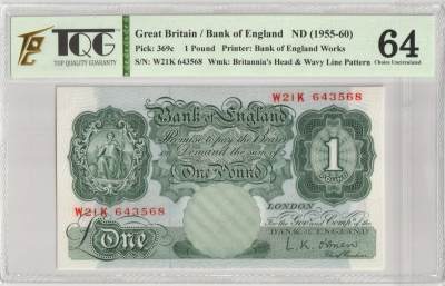 PThappally收藏第32次拍卖，英联邦地区硬币纸币 - GREAT BRITAIN, Bank of England 1955 1 Pound Pick 369c, Sign. L.K. O'Brien N/S # W21K 643568, TQG 64 UNC