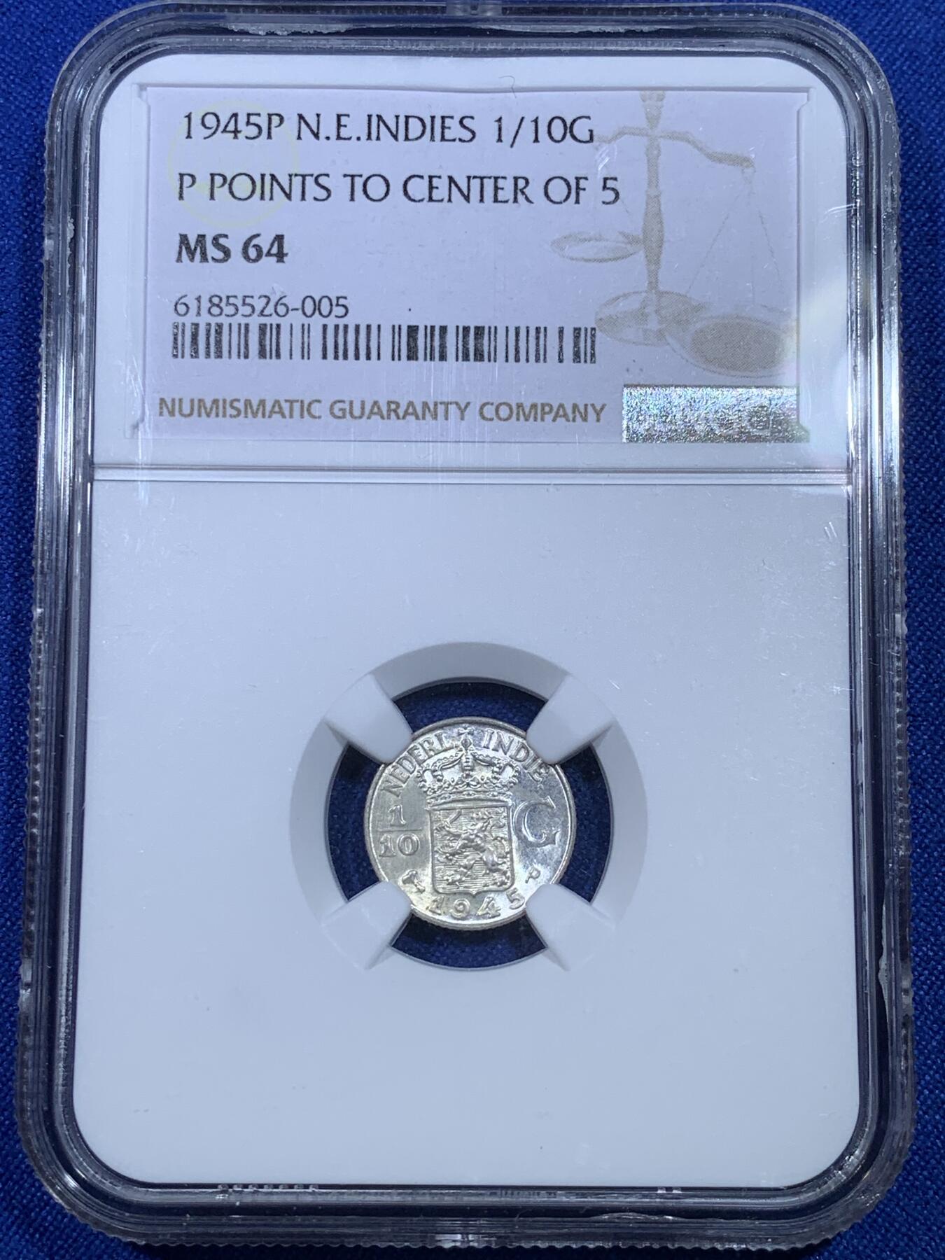 《竞宝斋》第269场- 周日，周一，周二  3场连拍 （全场包邮） NGC MS64 1945年P版 荷属东印度 1/10盾银币