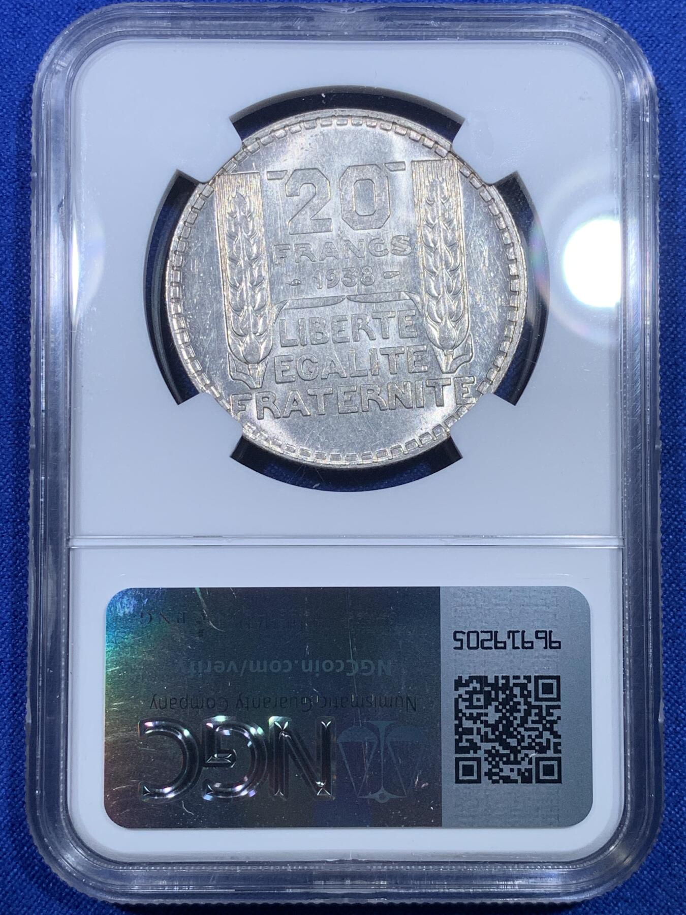 《竞宝斋》第269场- 周日，周一，周二  3场连拍 （全场包邮） NGC MS62 法国1938年谷物女神20法郎银币