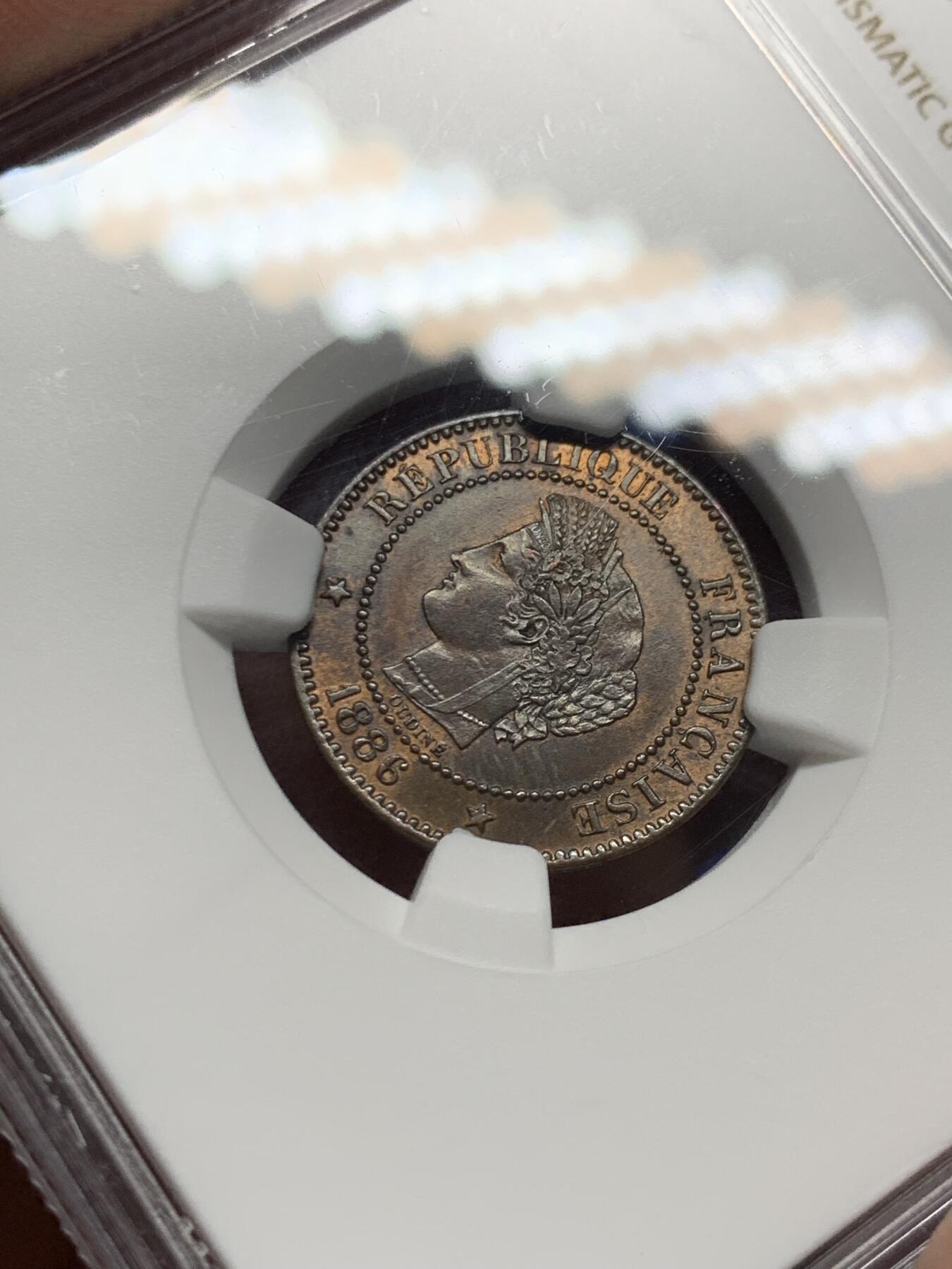 《竞宝斋》第269场- 周日，周一，周二  3场连拍 （全场包邮） NGC MS64BN 法国1886年谷物女神2C铜币 更高分仅一枚 亚军分