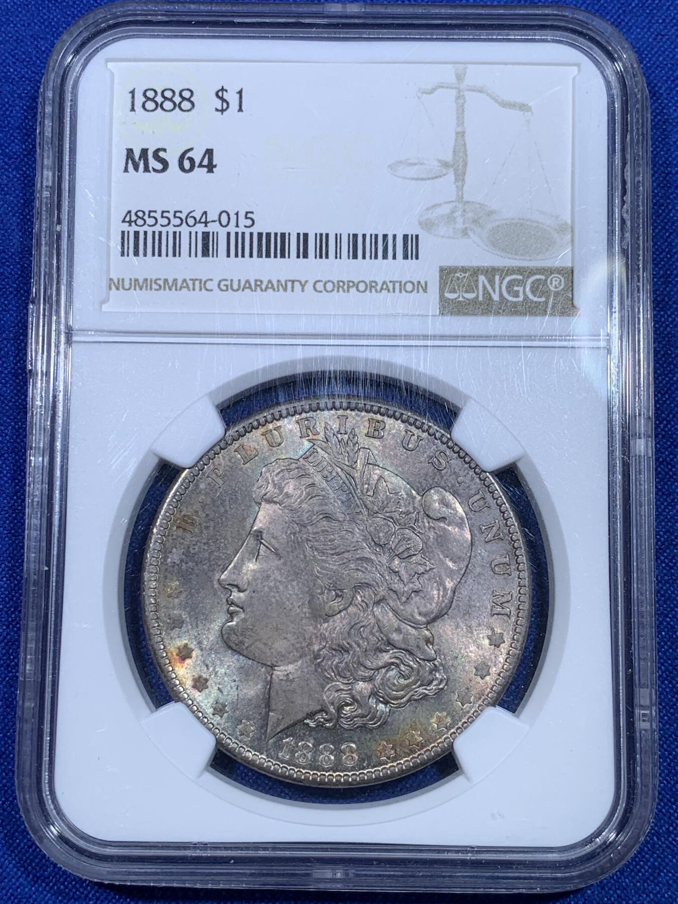 《竞宝斋》第269场- 周日，周一，周二  3场连拍 （全场包邮） NGC MS64 美国 1888年 摩根银币 原味五彩 美轮美奂