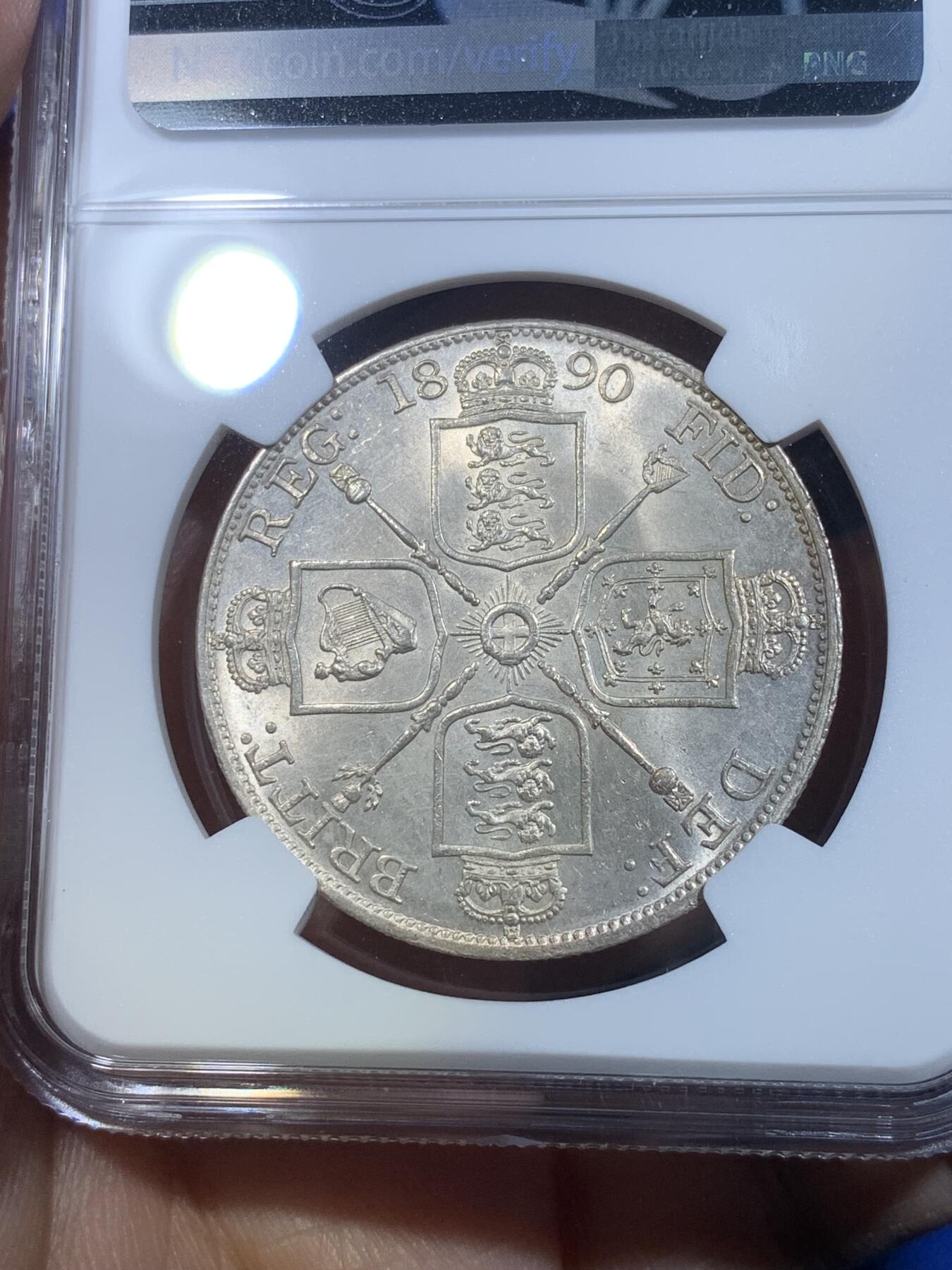 《竞宝斋》第269场- 周日，周一，周二  3场连拍 （全场包邮） NGC MS62 英国1890年维多利亚高冠双弗洛林银币