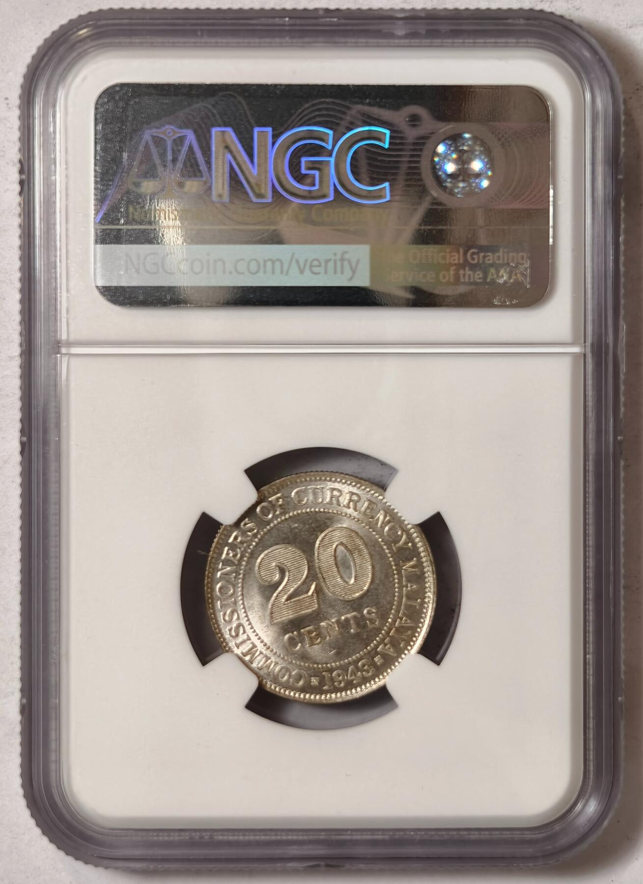 紫瑗钱币——第352期拍卖 马来亚 1943年 乔治六世 20分 银币 NGC MS64