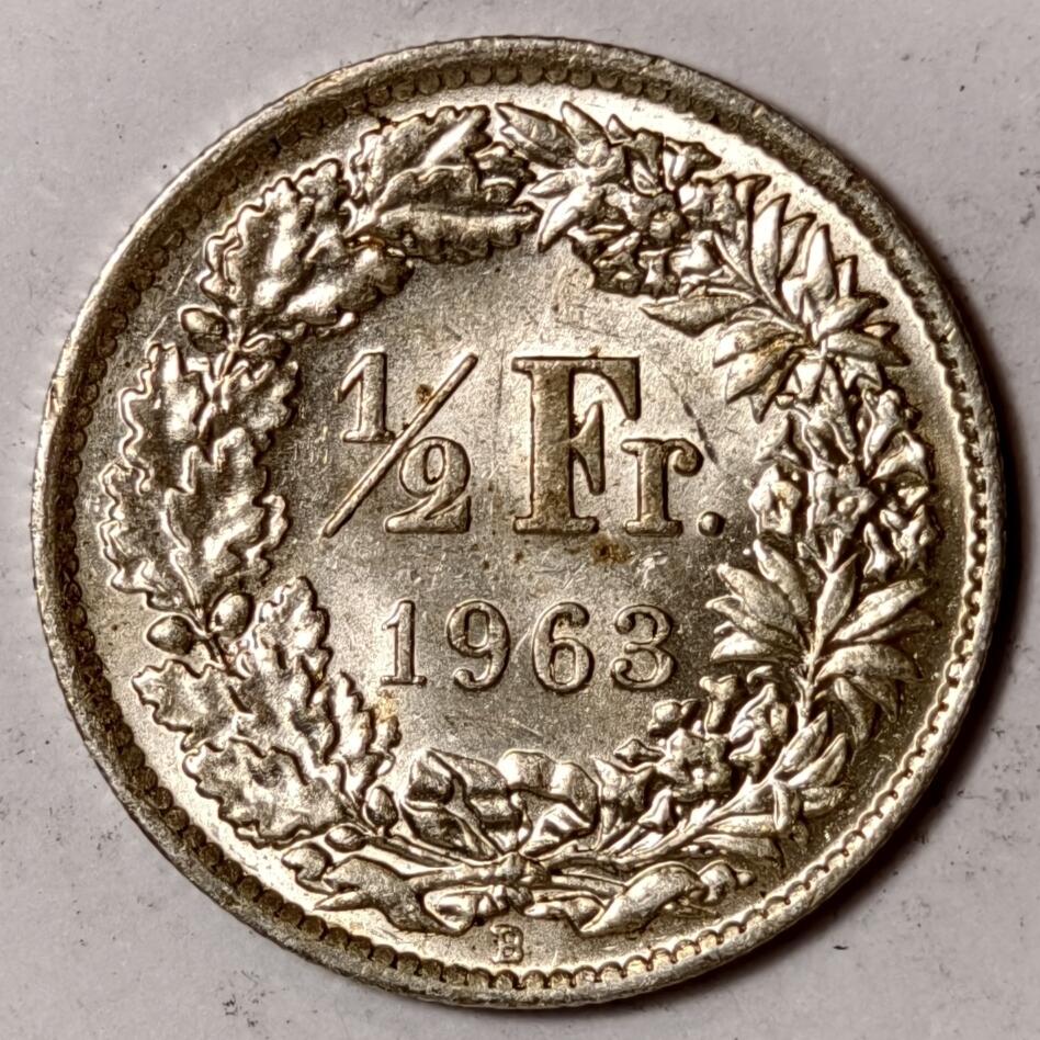 紫瑗钱币——第352期拍卖 瑞士 1963年 B版 赫尔维蒂女神 1/2法郎 2.5克 0.835银 UNC 