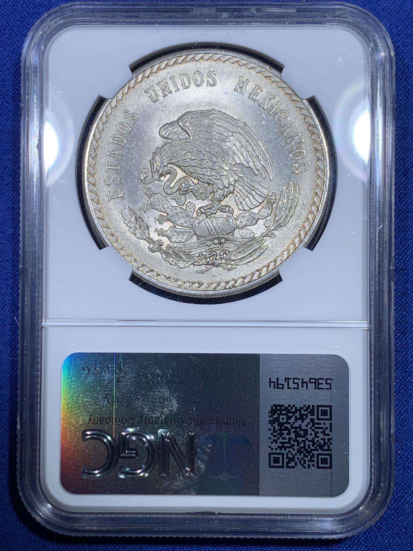 《竞宝斋》第269场- 周日，周一，周二  3场连拍 （全场包邮） NGC MS64 墨西哥1948Mo酋长头像5比索银币 老包浆