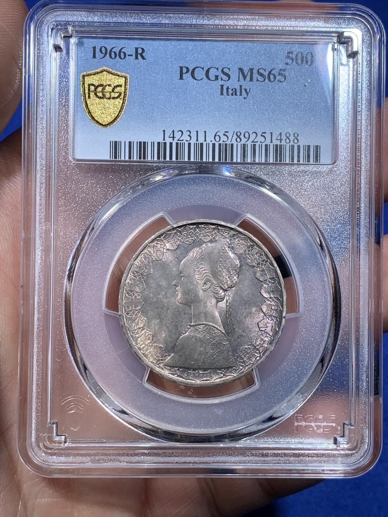 《竞宝斋》第269场- 周日，周一，周二  3场连拍 （全场包邮） PCGS MS65 意大利1966年500里拉人妻帆船银币 单面紫罗兰彩