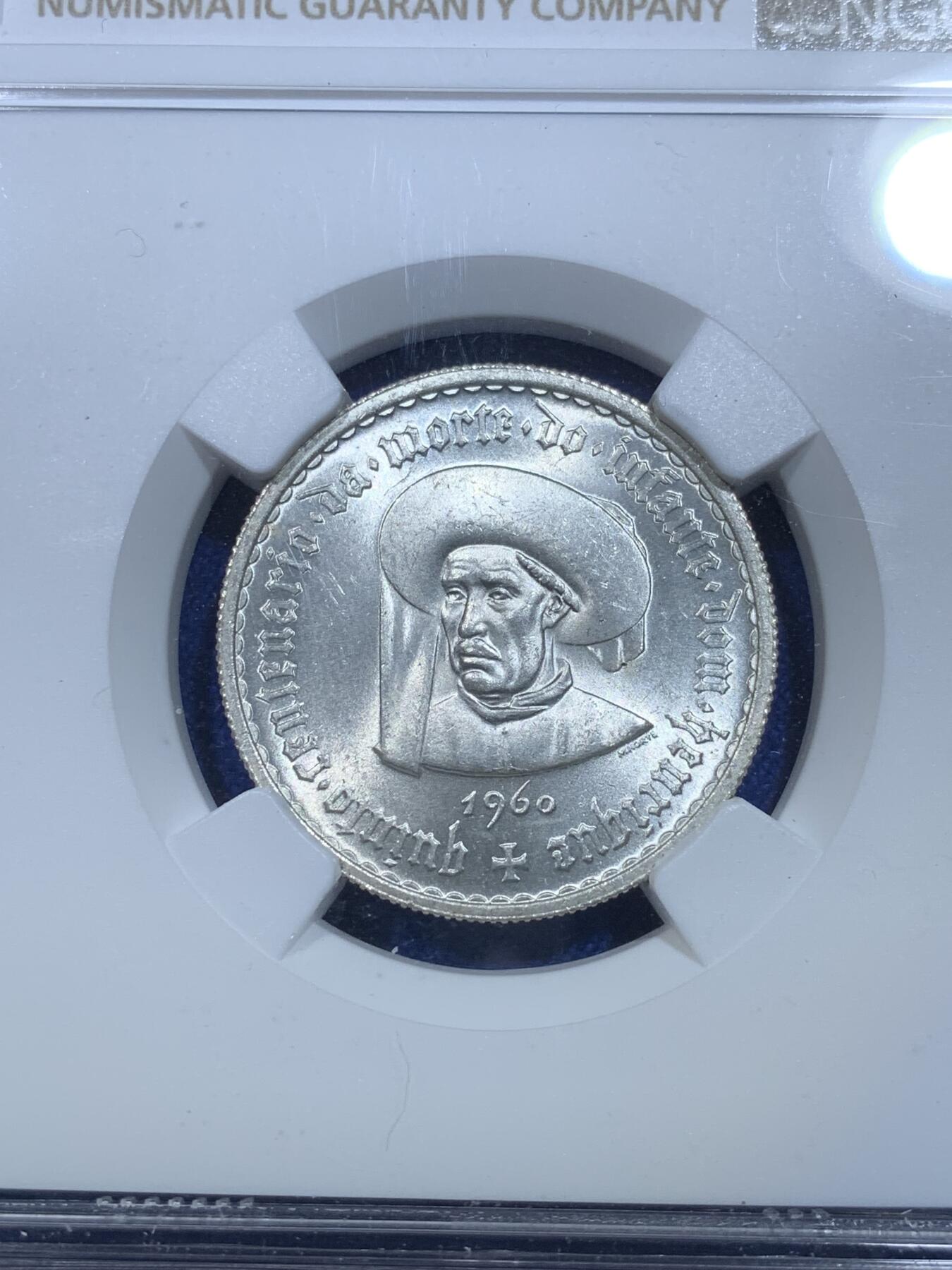 《竞宝斋》第269场- 周日，周一，周二  3场连拍 （全场包邮） NGC MS64 葡萄牙 1960年 亨利王子500周年 5埃斯库多 银币