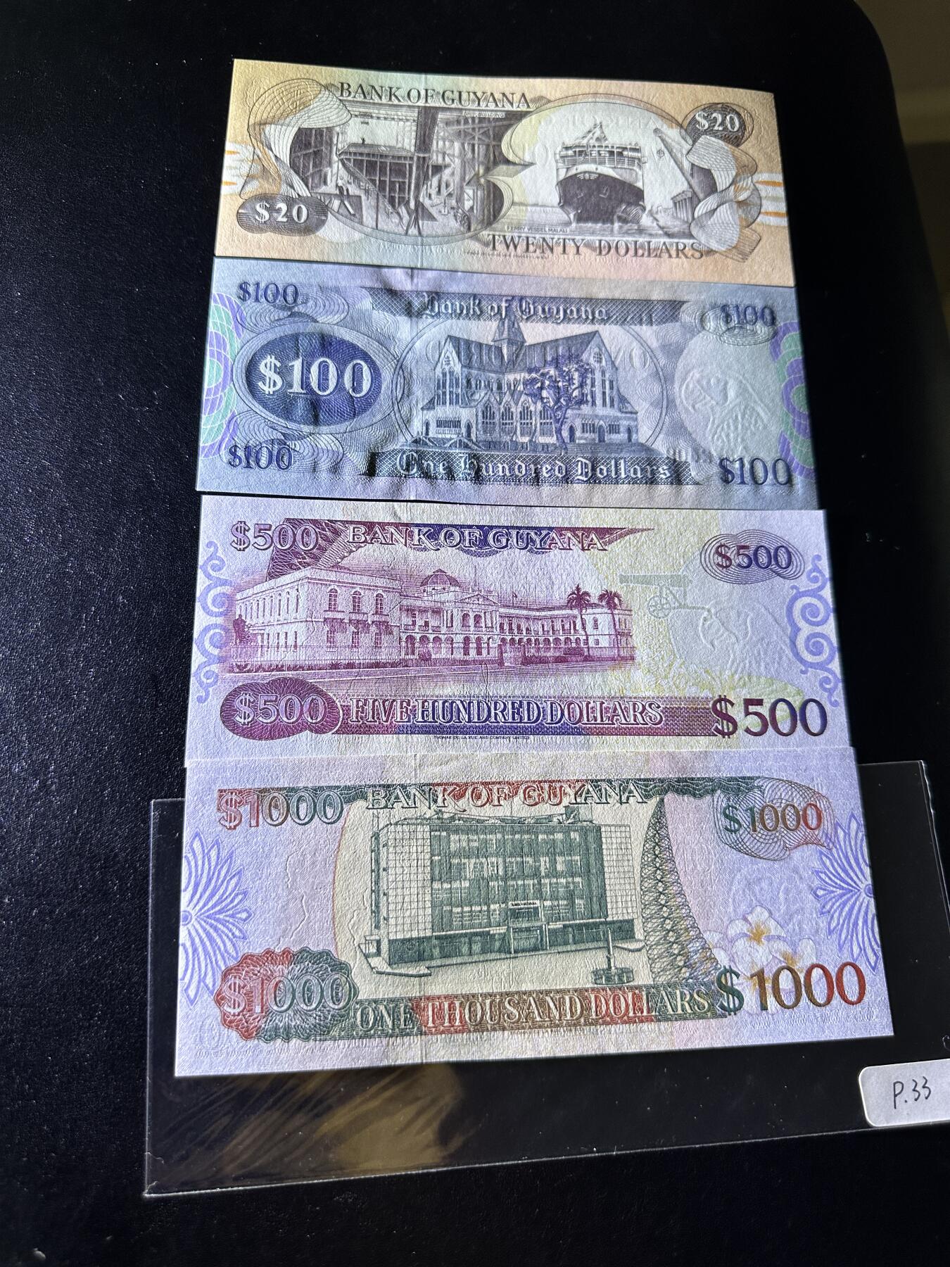 《外钞收藏家》第三百七十期（美洲纸币+其他） 圭亚那1996渐变号码版，20/100/500/1000元，4枚难得的全套	P30-33 全新
