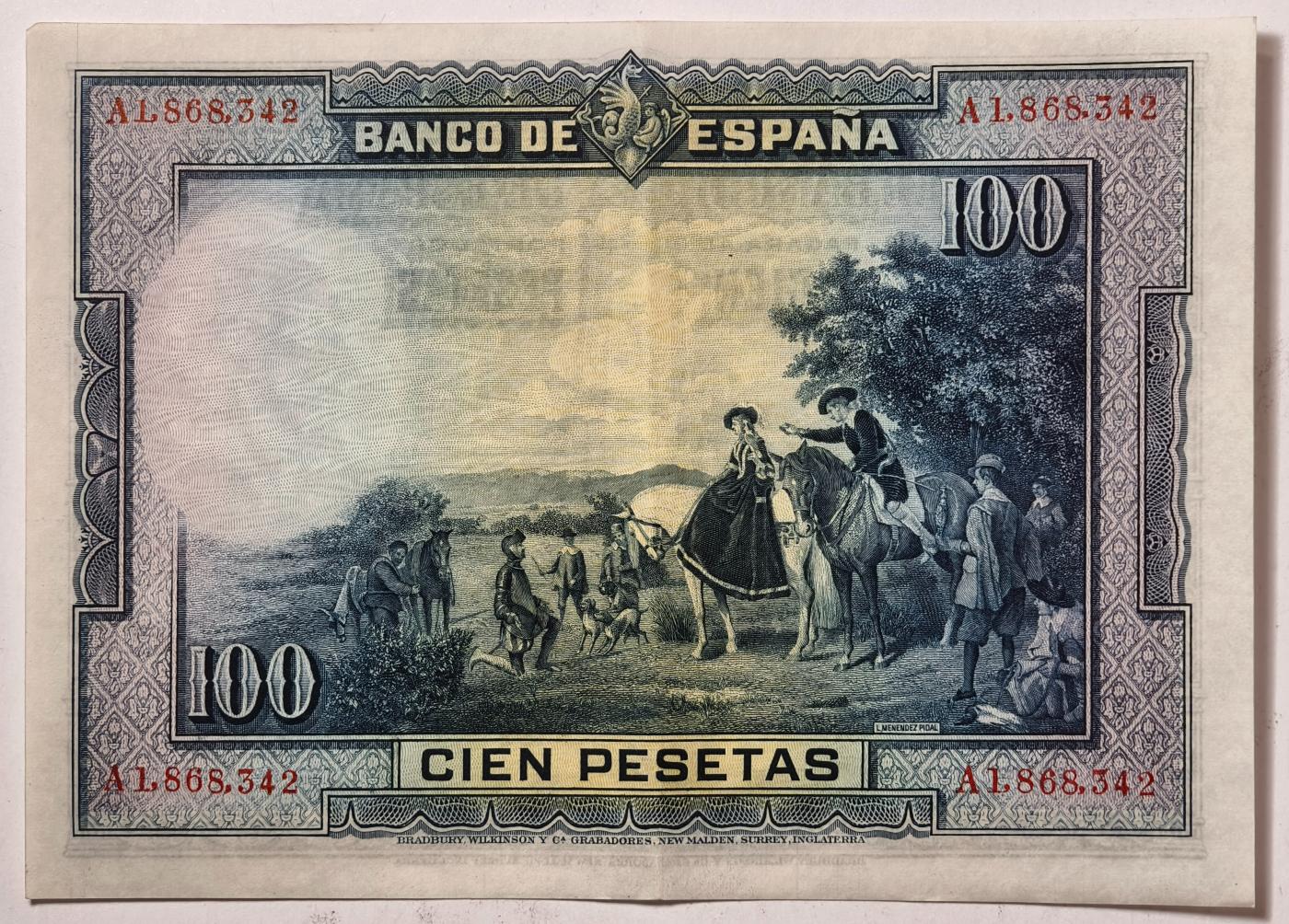 紫瑗钱币——第351期拍卖——纸币场 西班牙 1928年 中央银行 油画《唐吉坷德》 100比塞塔 AU