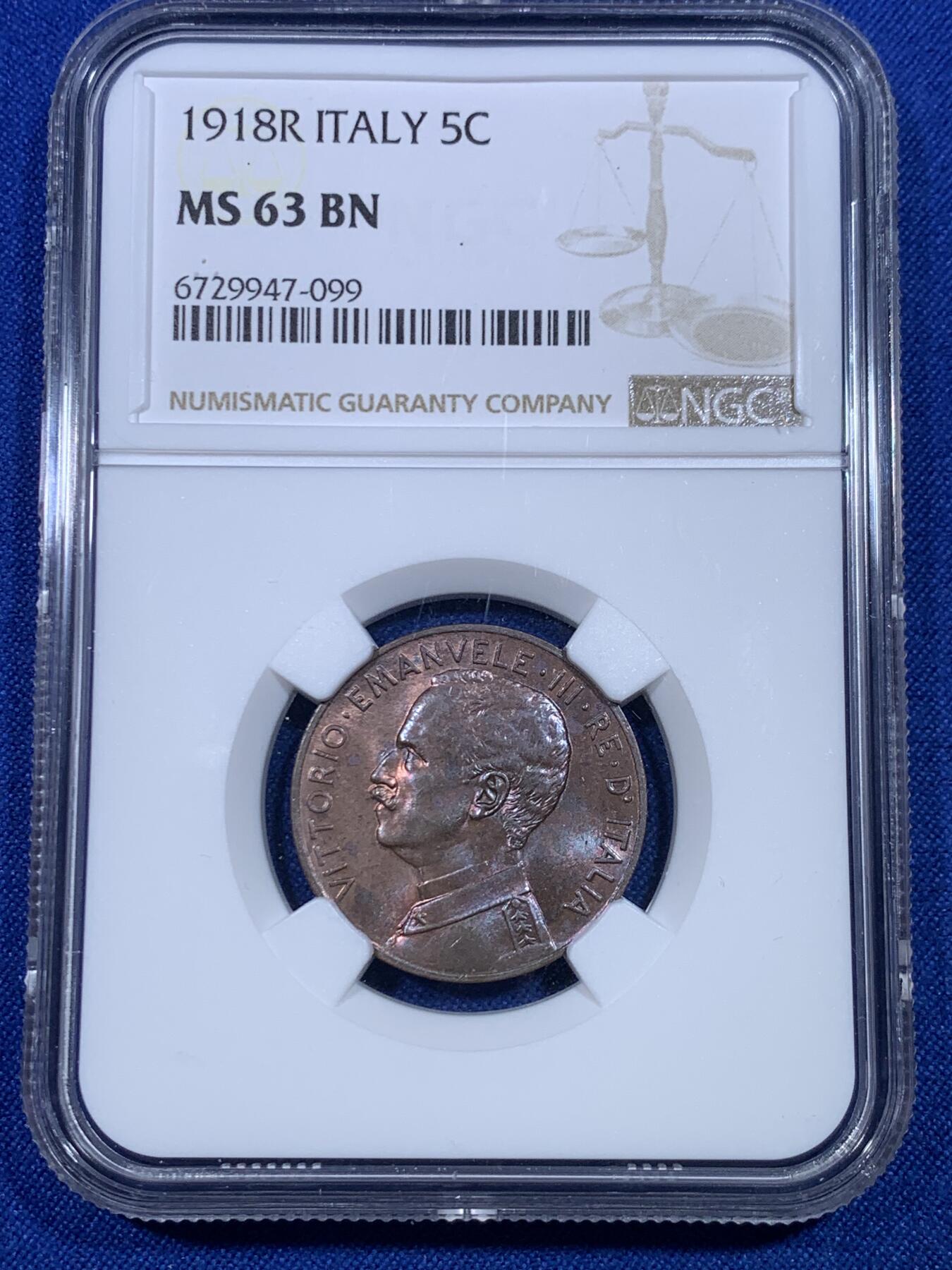 《竞宝斋》第269场- 周日，周一，周二  3场连拍 （全场包邮） NGC MS63BN 意大利1918年拿花女神5分铜币 拿花系列铜币最大面值 此前62分竞宝斋540元不含佣成交 拿花真的漂亮 艺术性无以伦比