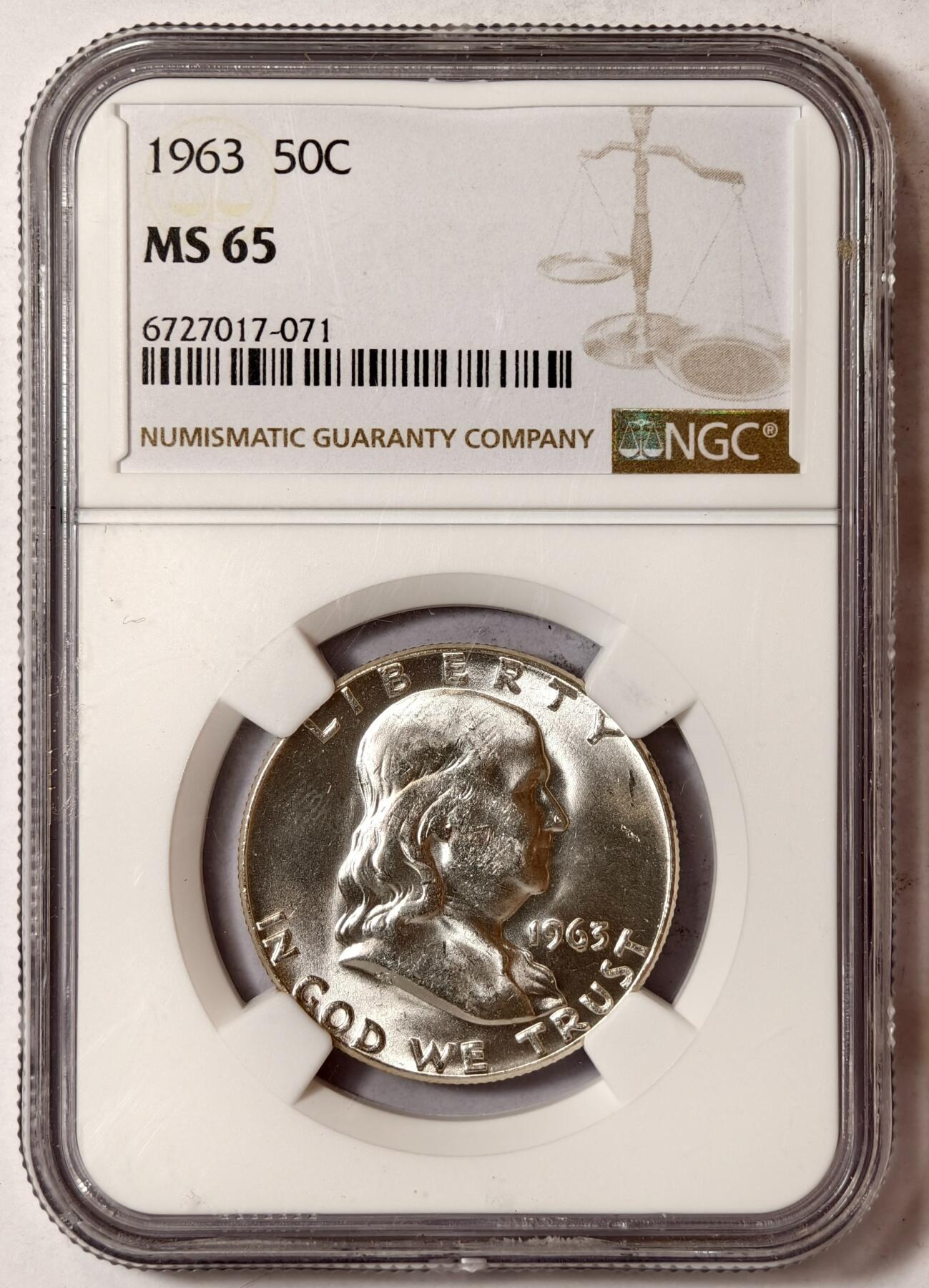 紫瑗钱币——第352期拍卖 美国 1963年 富兰克林 50美分 银币 NGC MS65