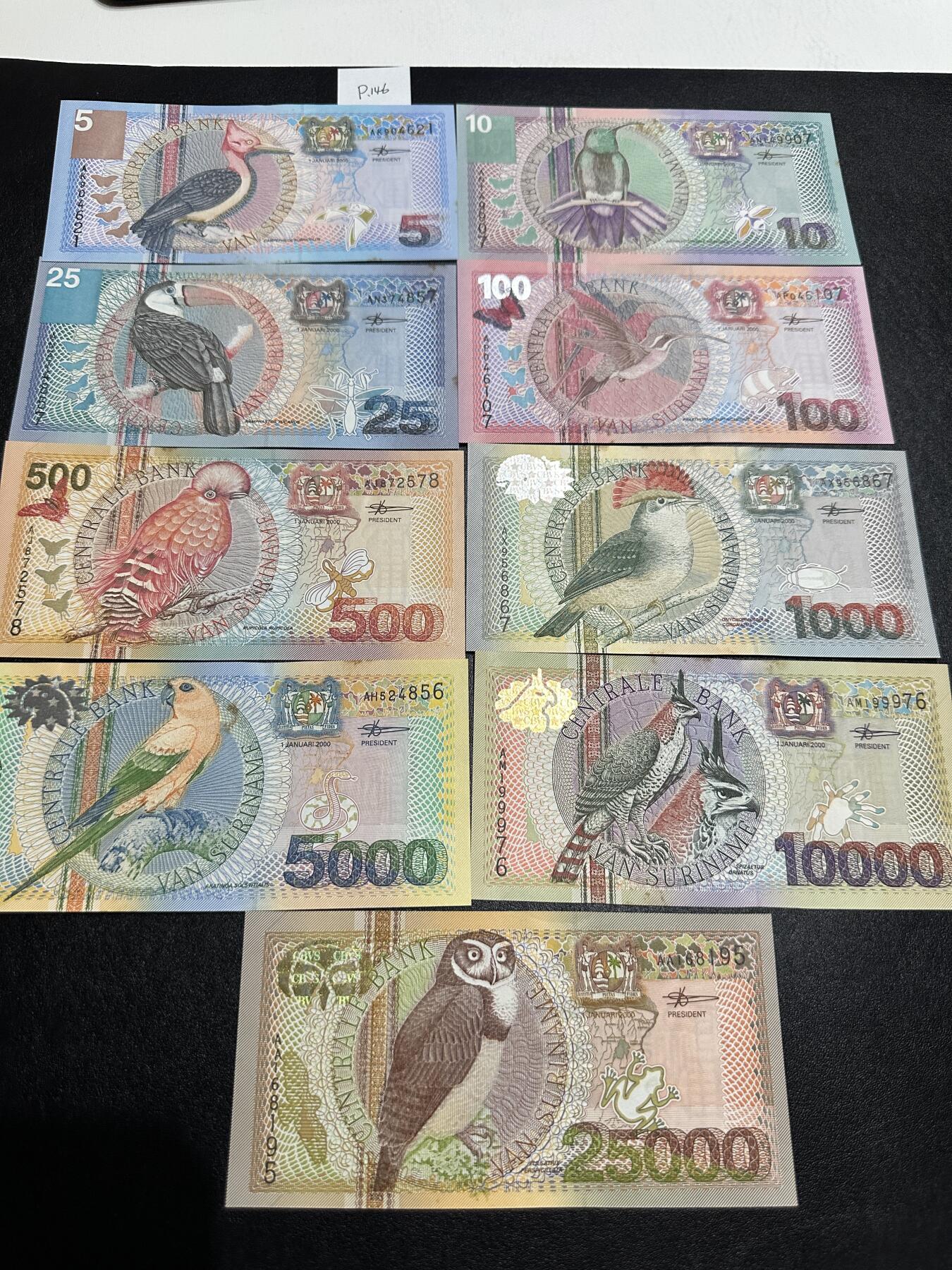 《外钞收藏家》第三百七十期（美洲纸币+其他） 苏里南2000年版套币，5/10/25/100/500/1000/5000/10000/25000盾，9枚难得的全套	P146-154 全新 除了最大面额 其他都有个别黄潮斑 最大面额25000品相好