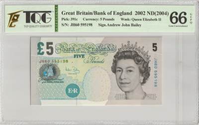 PThappally收藏第32次拍卖，英联邦地区硬币纸币 - GREAT BRITAIN, Bank of England 2004 5 Pounds Pick 391c, Sign. A.J. Bailey N/S # JH60 595198, TQG 66 EPQD Gem UNC