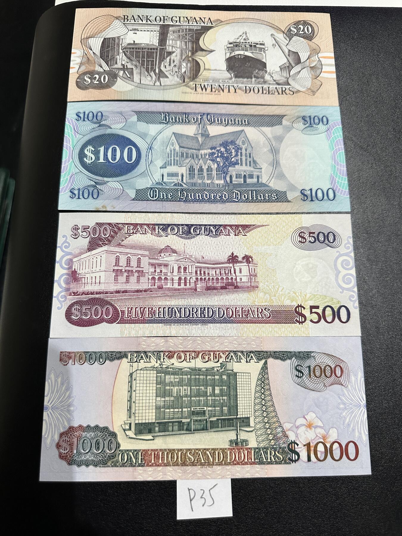《外钞收藏家》第三百七十期（美洲纸币+其他） 圭亚那混合版，20/100/500/1000元，4枚	P27-28/32/35 全新