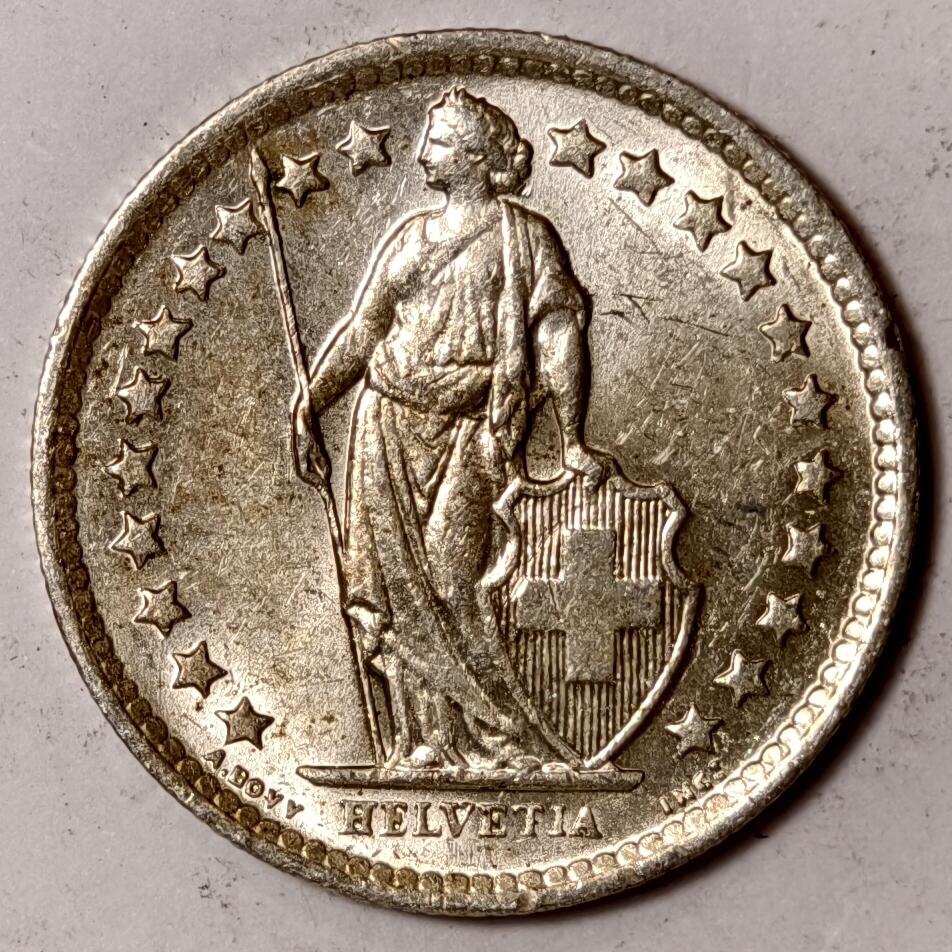 紫瑗钱币——第352期拍卖 瑞士 1963年 B版 赫尔维蒂女神 1/2法郎 2.5克 0.835银 UNC 