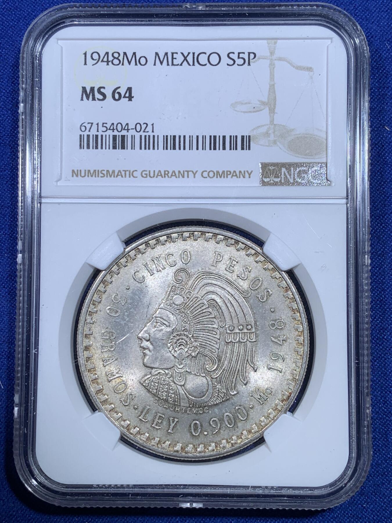 《竞宝斋》第269场- 周日，周一，周二  3场连拍 （全场包邮） NGC MS64 墨西哥1948Mo酋长头像5比索银币 老包浆