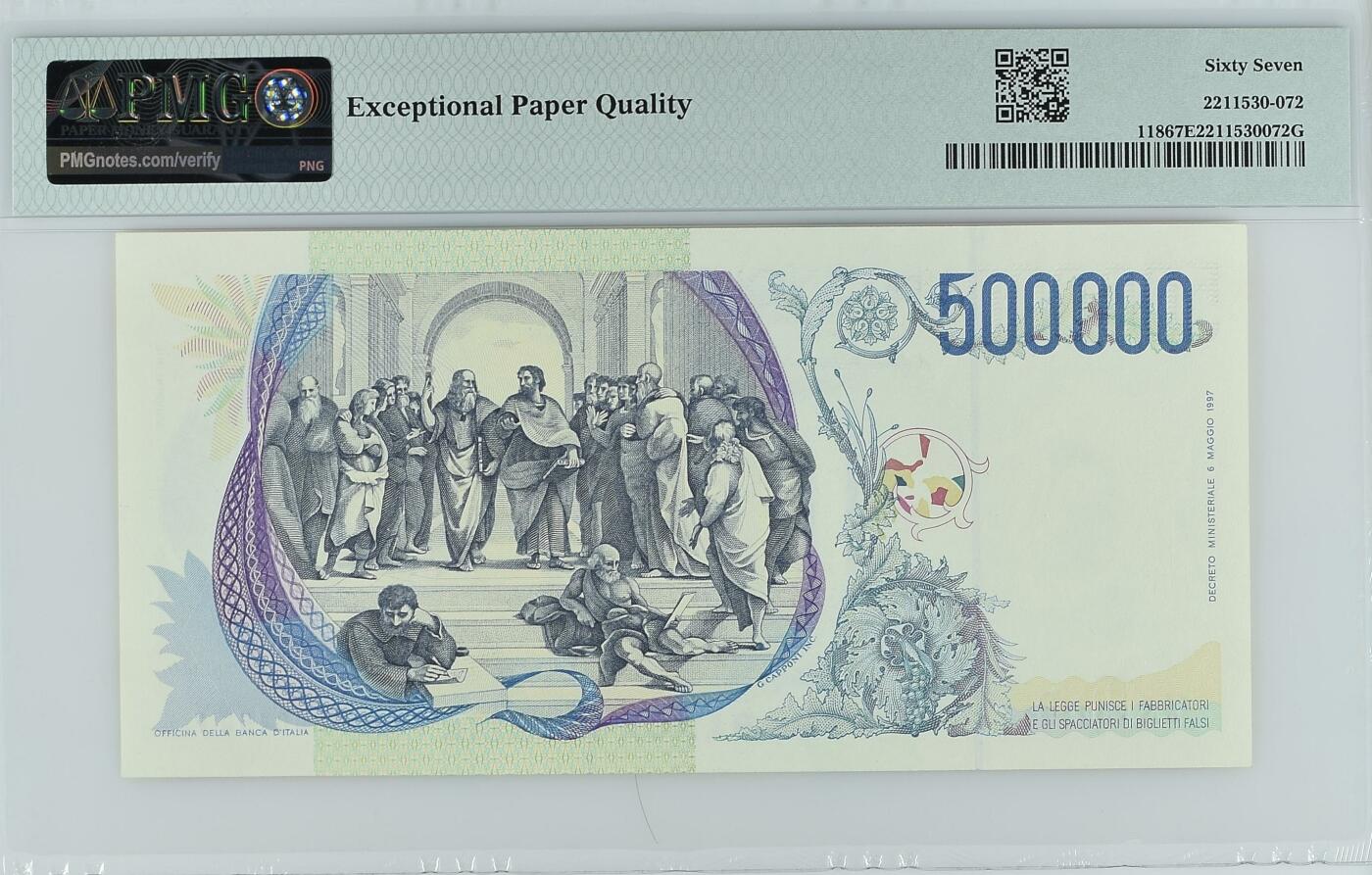 收藏联盟Quantum Auction 第347期拍卖  意大利1997年500000里拉 PMG67  号码无347  拉斐尔名画《雅典学院》