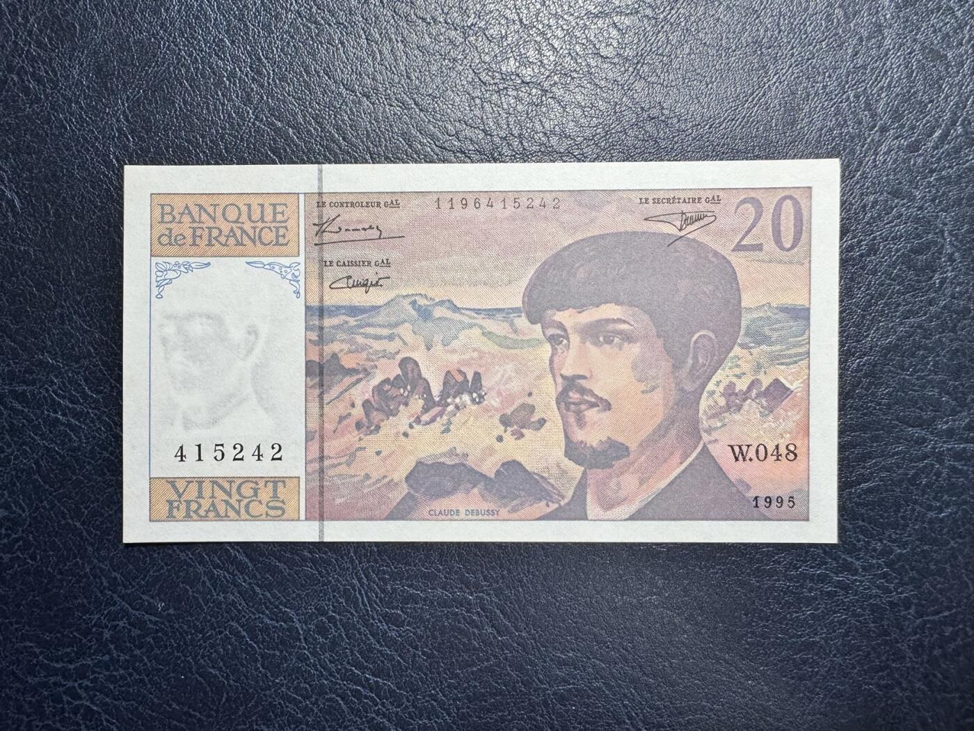 收藏联盟Quantum Auction 第347期拍卖  法国1995年20法郎 品相UNC-  黄斑 细节如图 彪西德