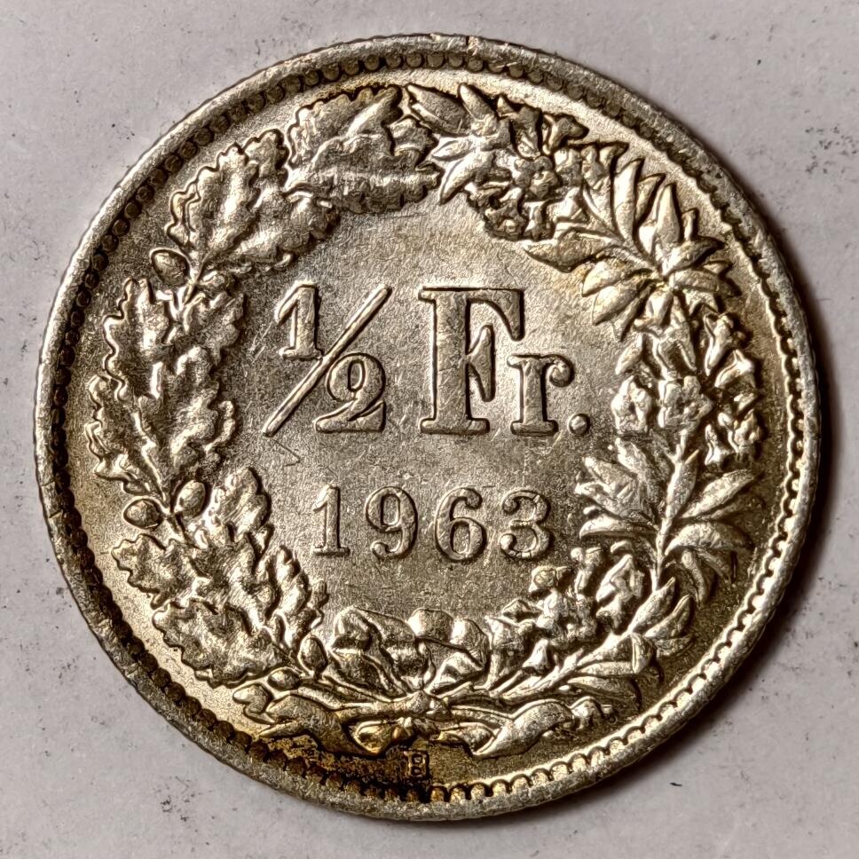紫瑗钱币——第352期拍卖 瑞士 1963年 B版 赫尔维蒂女神 1/2法郎 2.5克 0.835银 UNC 