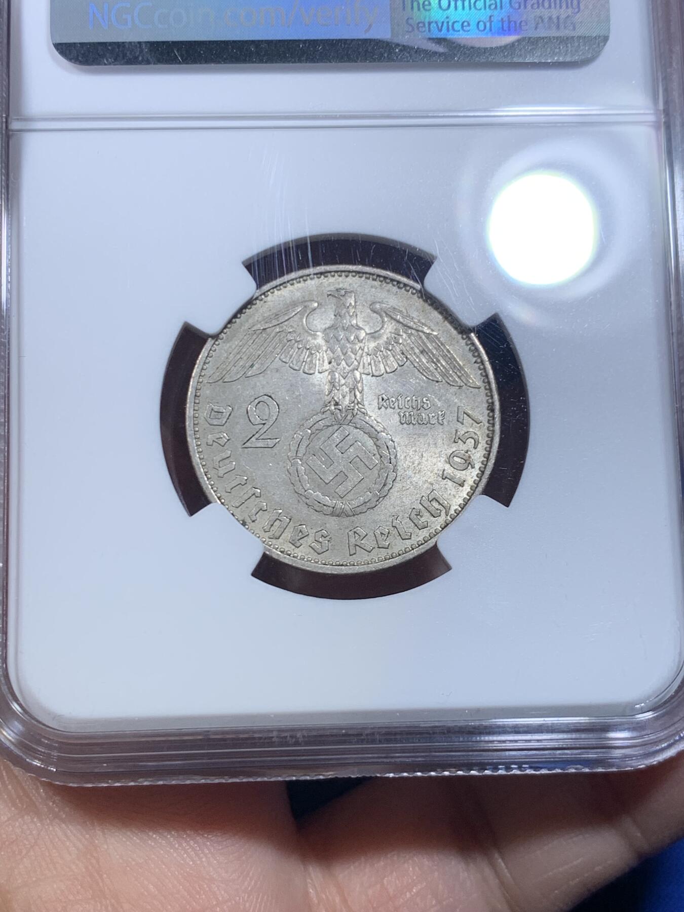 《竞宝斋》第269场- 周日，周一，周二  3场连拍 （全场包邮） NGC MS64 1937年德国2马克银币 BU五彩车轮光 老盒低评