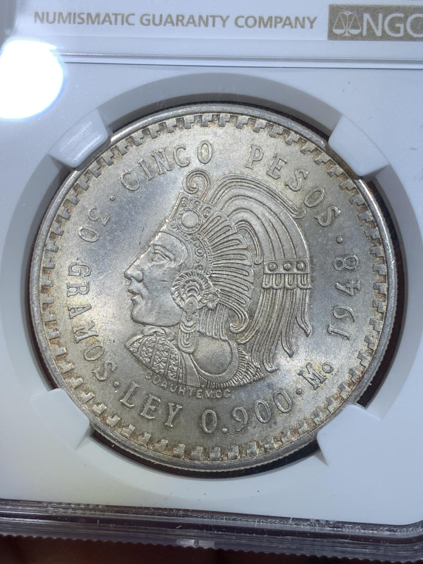 《竞宝斋》第269场- 周日，周一，周二  3场连拍 （全场包邮） NGC MS64 墨西哥1948Mo酋长头像5比索银币 老包浆