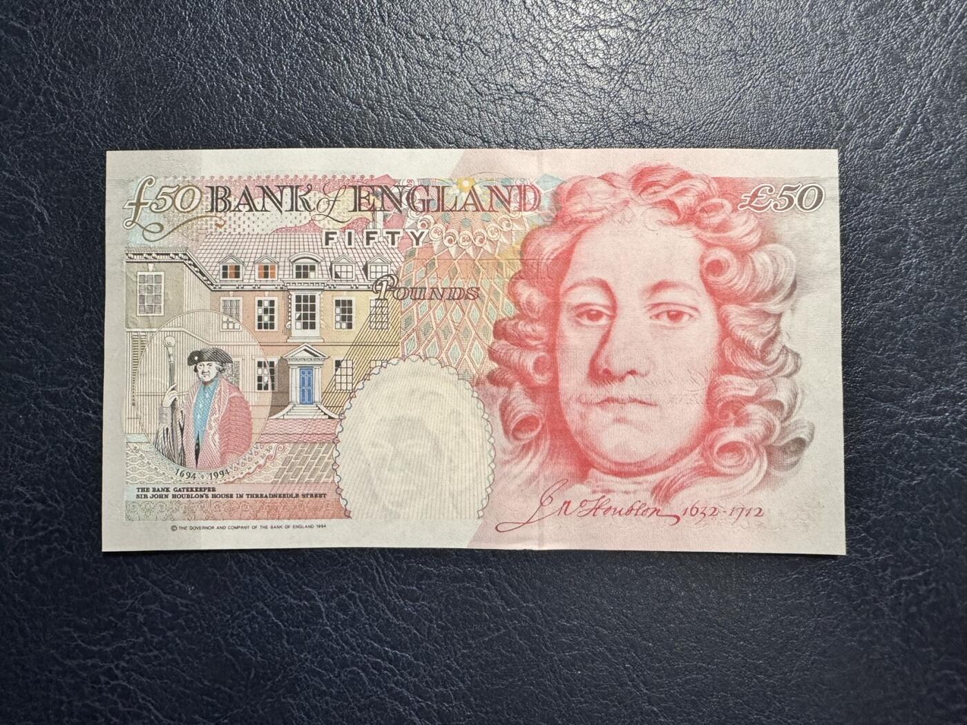 收藏联盟Quantum Auction 第347期拍卖  英国1994 (ND 2006)年50镑 品相UNC 边角微瑕 号码全程无4 英格兰银行首任总裁 霍布伦