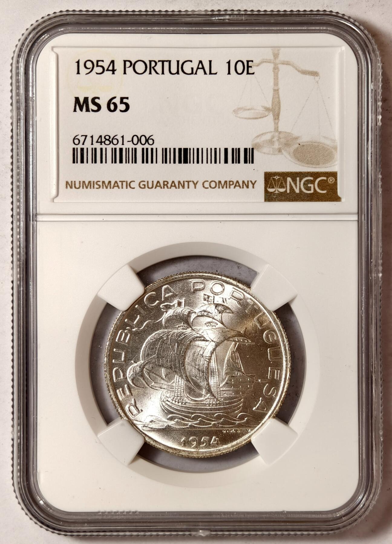 紫瑗钱币——第352期拍卖 葡萄牙 1954年 帆船 10埃斯库多 银币 NGC MS65
