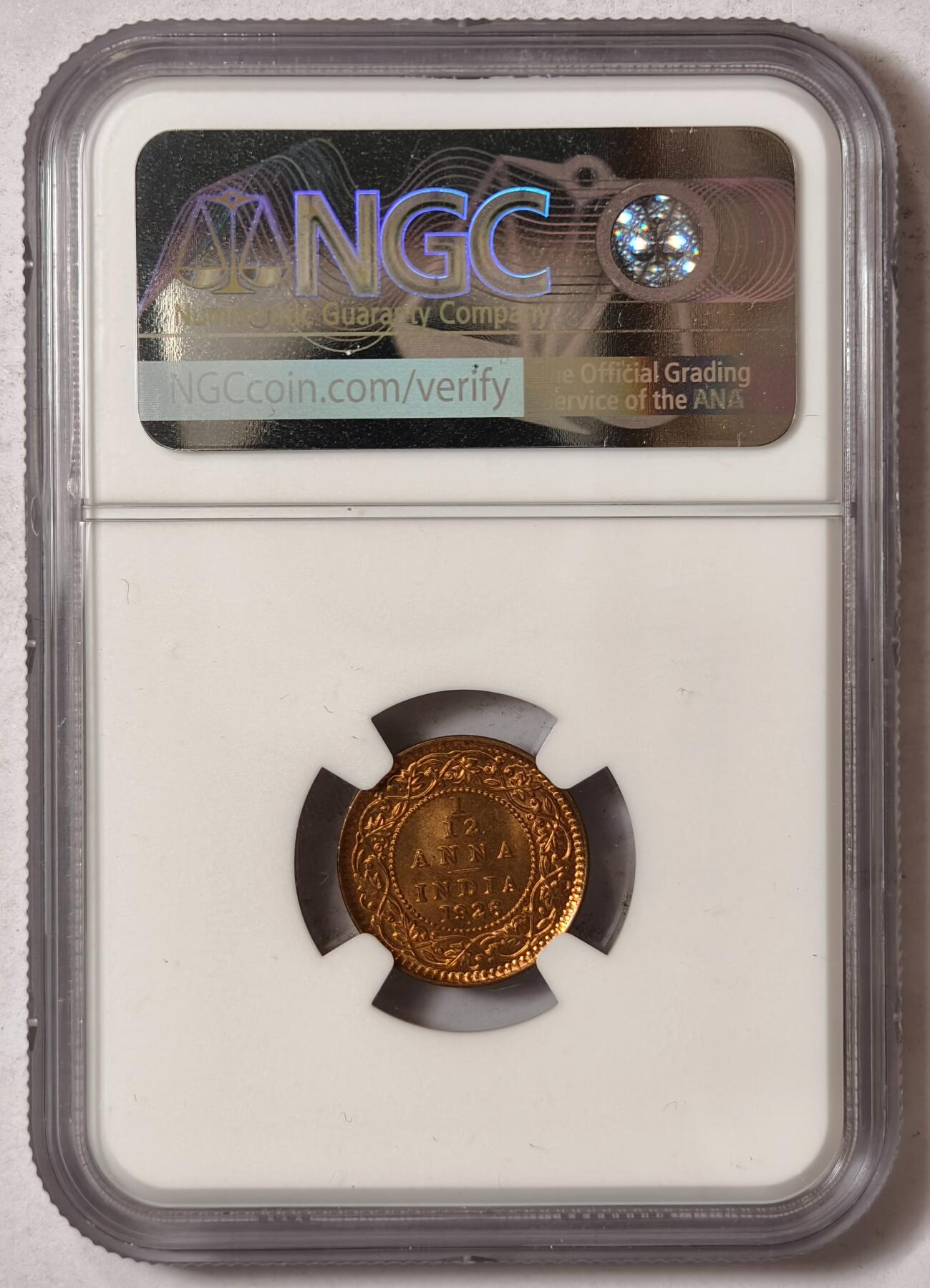 紫瑗钱币——第352期拍卖 英属印度 1926年 B版 乔治五世 1/12安娜 铜币 NGC MS 65 RB