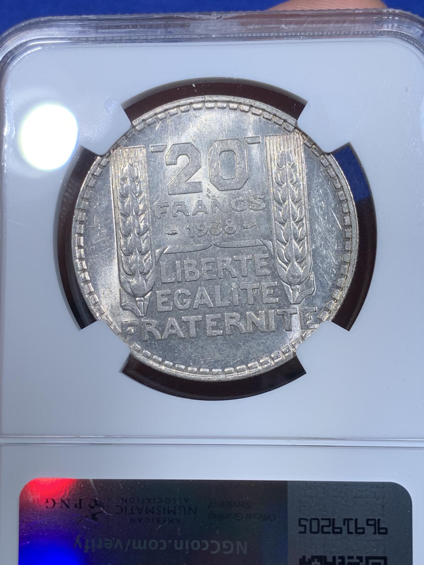 《竞宝斋》第269场- 周日，周一，周二  3场连拍 （全场包邮） NGC MS62 法国1938年谷物女神20法郎银币