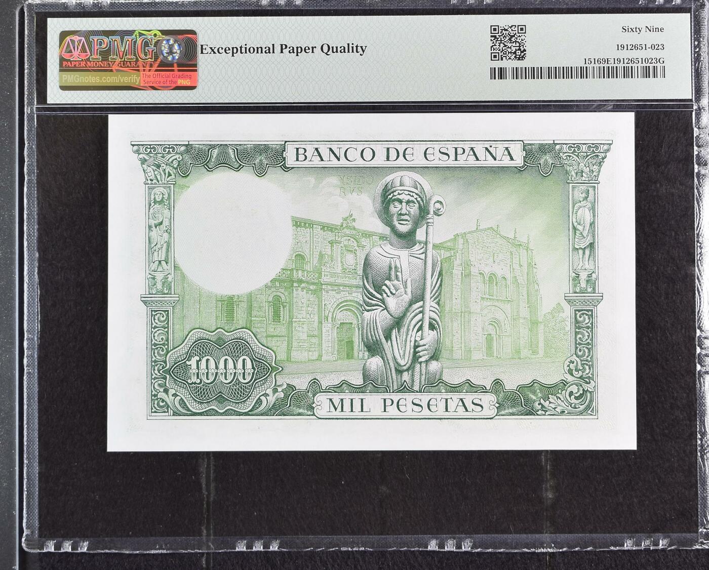 收藏联盟Quantum Auction 第347期拍卖  西班牙1965 (ND 1971)年1000比塞塔 PMG69 唯一冠军分 大主教 伊斯多罗