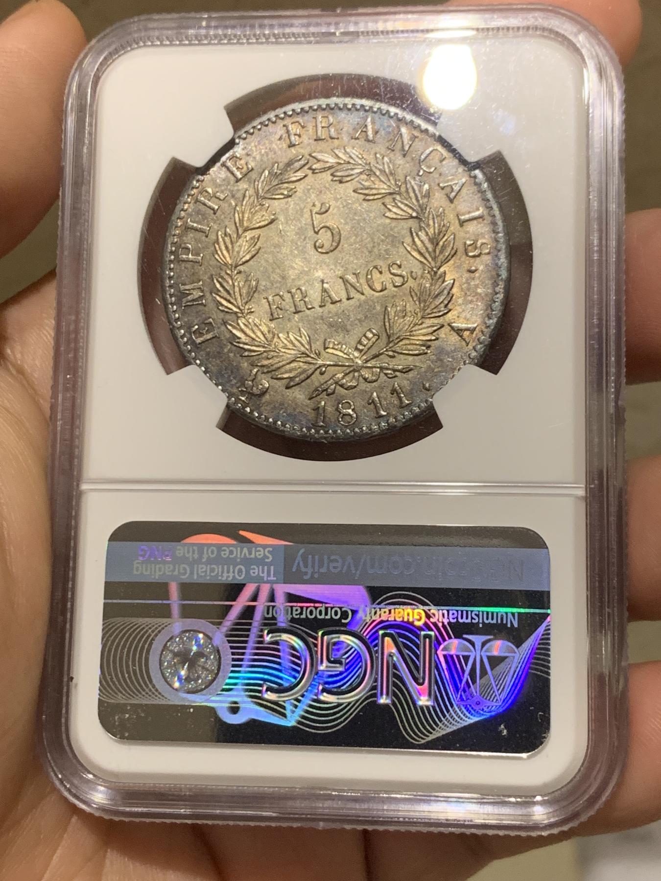 《竞宝斋》第269场- 周日，周一，周二  3场连拍 （全场包邮） NGC AU58 法国1811年拿破仑头像5法郎 原光深打好品