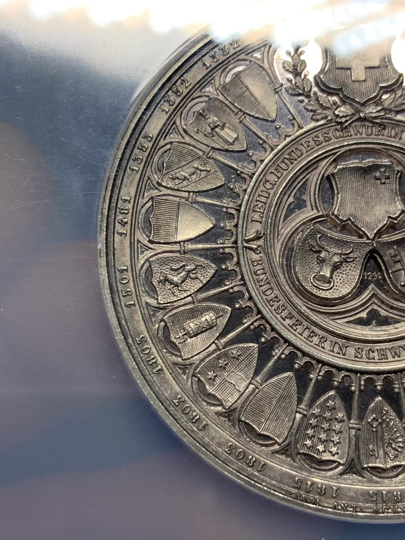 《竞宝斋》第269场- 周日，周一，周二  3场连拍 （全场包邮） NGC UNCD 1891年 瑞士联邦600周年纪念银章 镜面感强烈 背面设计极美 NGC加大盒