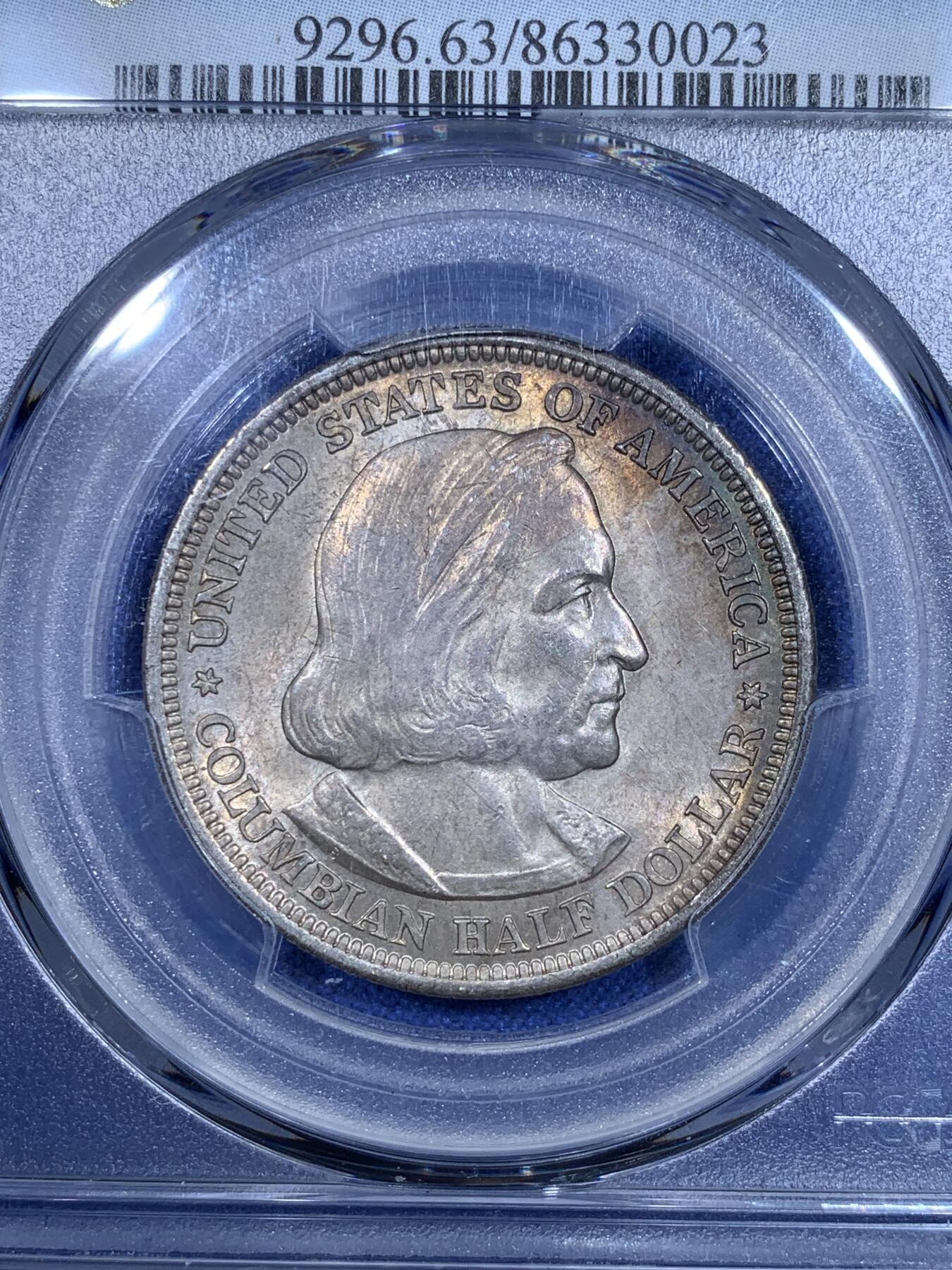 《竞宝斋》第269场- 周日，周一，周二  3场连拍 （全场包邮） PCGS MS63 美国1893年哥伦布帆船半圆银币 标签年份错误 淡金色环彩包浆 状态非常好