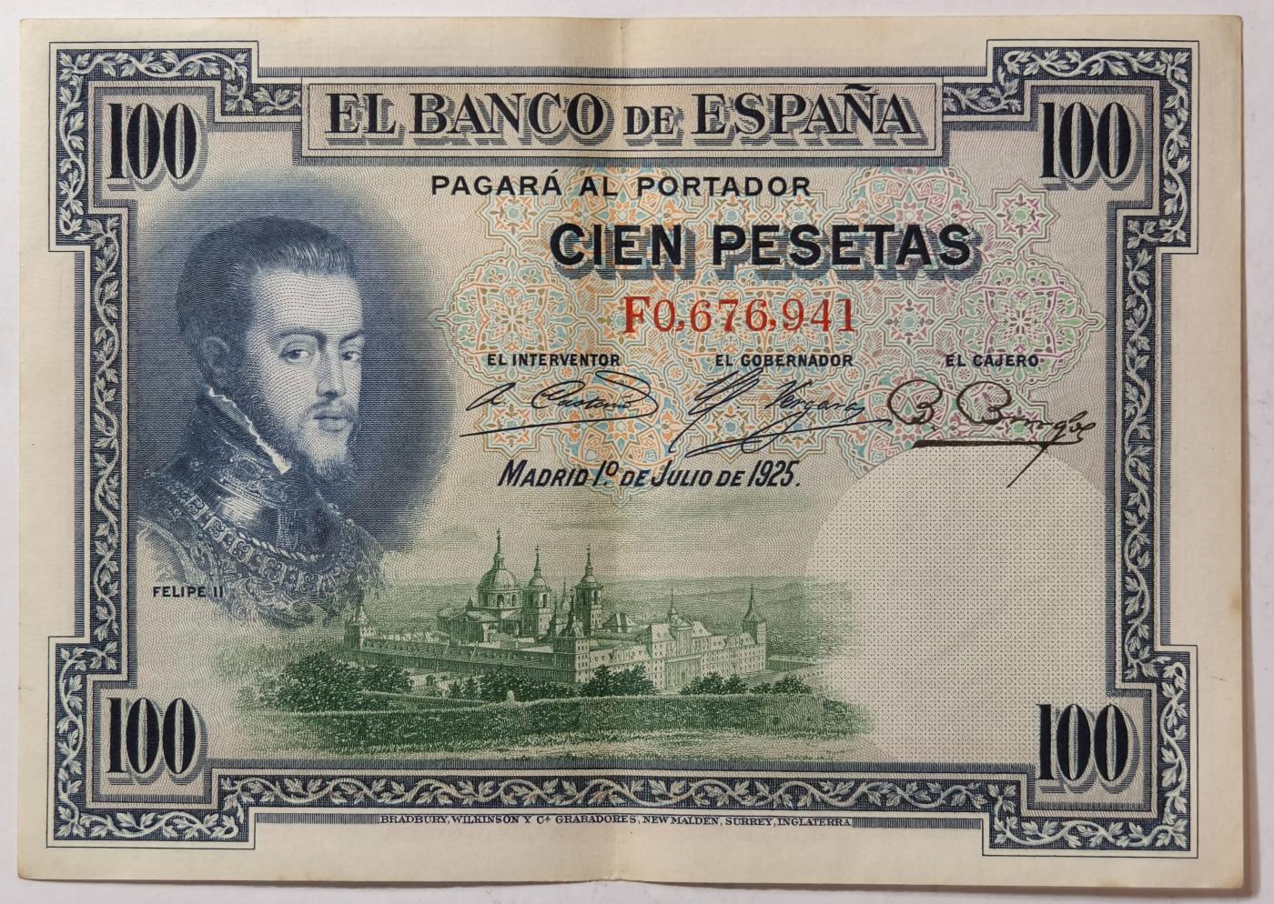 紫瑗钱币——第351期拍卖——纸币场 西班牙 1925年 油画《腓力二世的座椅》 100比塞塔 AU