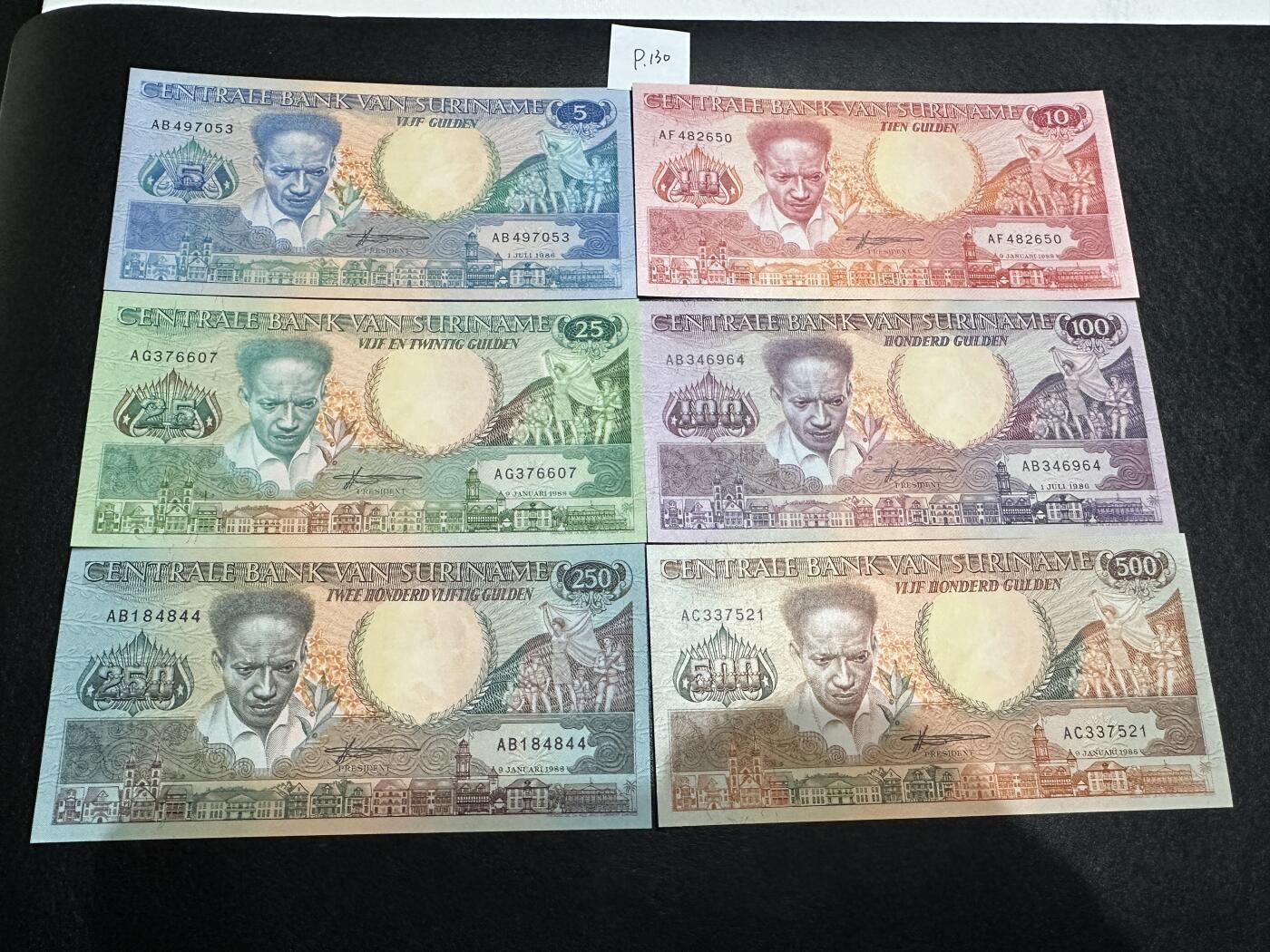 《外钞收藏家》第三百七十期（美洲纸币+其他） 苏里南1986-88年版套币，5/10/25/100/250/500盾，6枚难得的全套	P130-135 全新 个别极轻微潮 100有软折