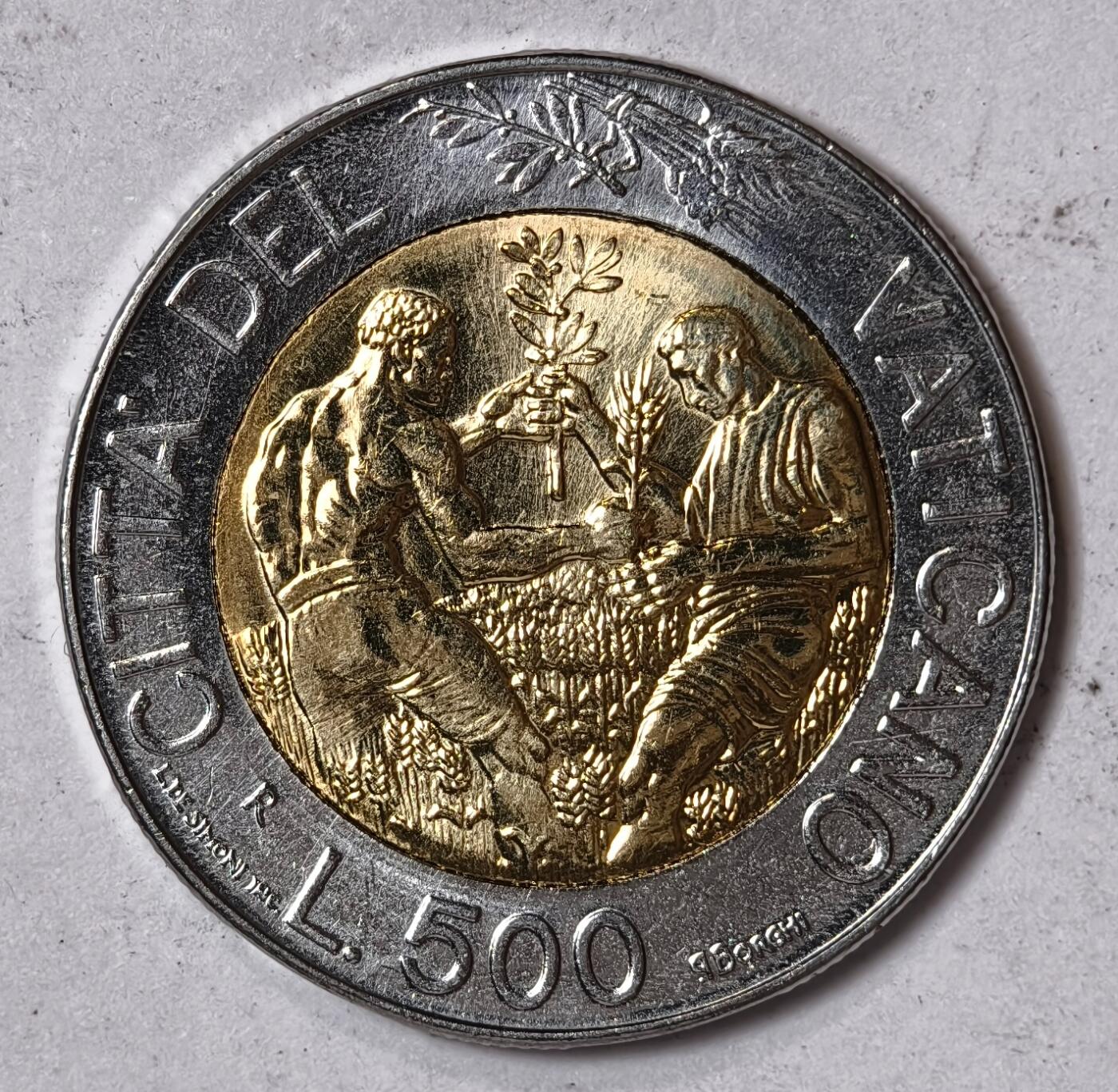 紫瑗钱币——第352期拍卖 梵蒂冈 1998年 保罗二世 2个农民 500里拉 双色币 UNC