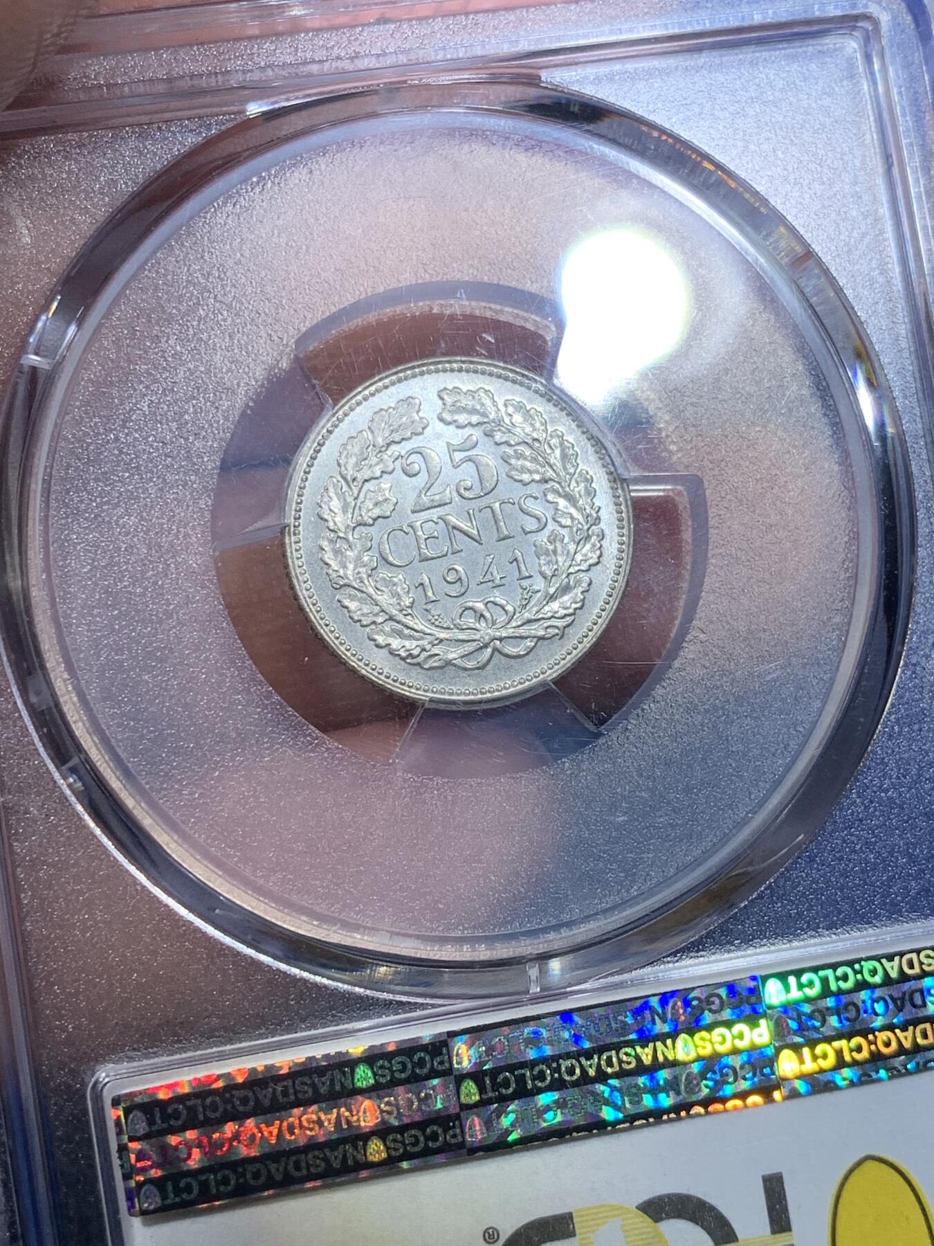 《竞宝斋》第269场- 周日，周一，周二  3场连拍 （全场包邮） PCGS MS63 1941年荷兰威廉明娜25分银币