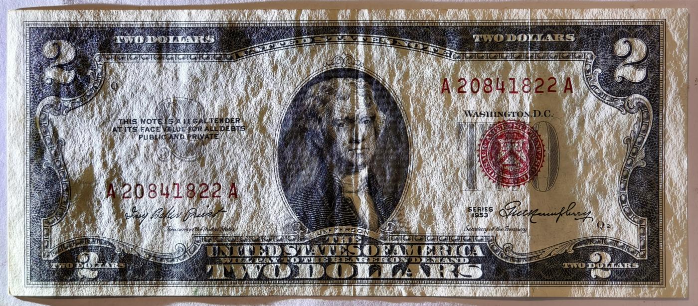 紫瑗钱币——第393期拍卖——纸币场 【双尾2】美国 1953年 B序列 托马斯·杰斐逊 2美元 红印 政府券 AU