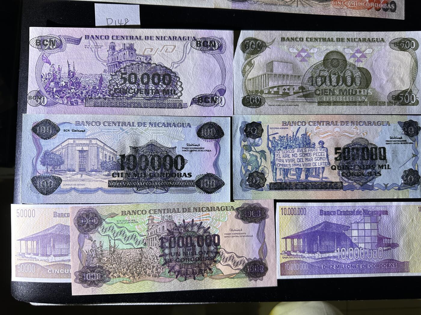 《外钞收藏家》第三百七十期（美洲纸币+其他） 尼加拉瓜紧急版5万/5万/10万/10万/50万/100万/1000万，7枚	P148-166 全新 个别轻微潮