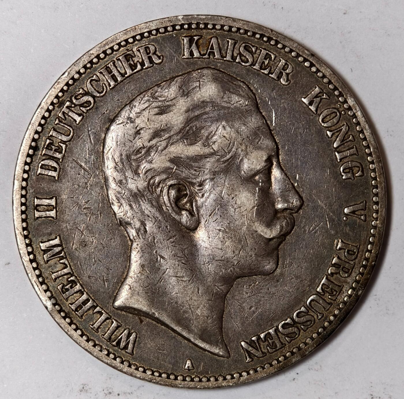 紫瑗钱币——第352期拍卖 德国 普鲁士 1904年 A版 威廉二世 长翅 5马克 27.78克 0.9银 原味包浆