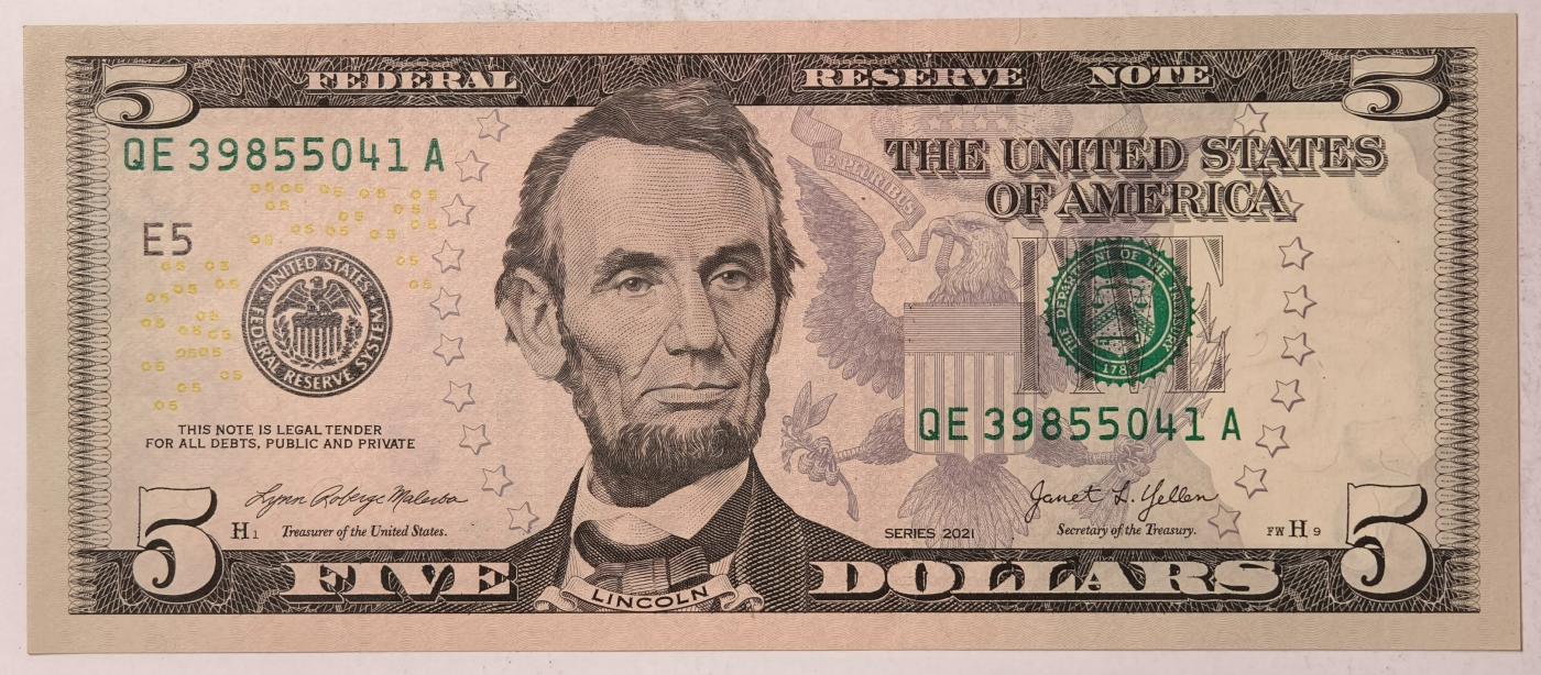 紫瑗钱币——第351期拍卖——纸币场 美国 2021年 E版 无序列 亚伯拉罕·林肯 5美元 彩色版 UNC