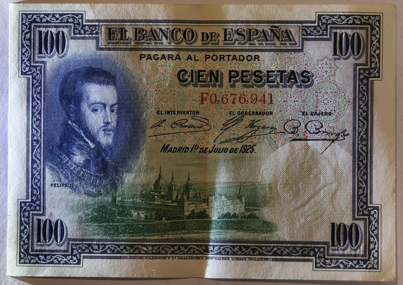 紫瑗钱币——第351期拍卖——纸币场 西班牙 1925年 油画《腓力二世的座椅》 100比塞塔 AU