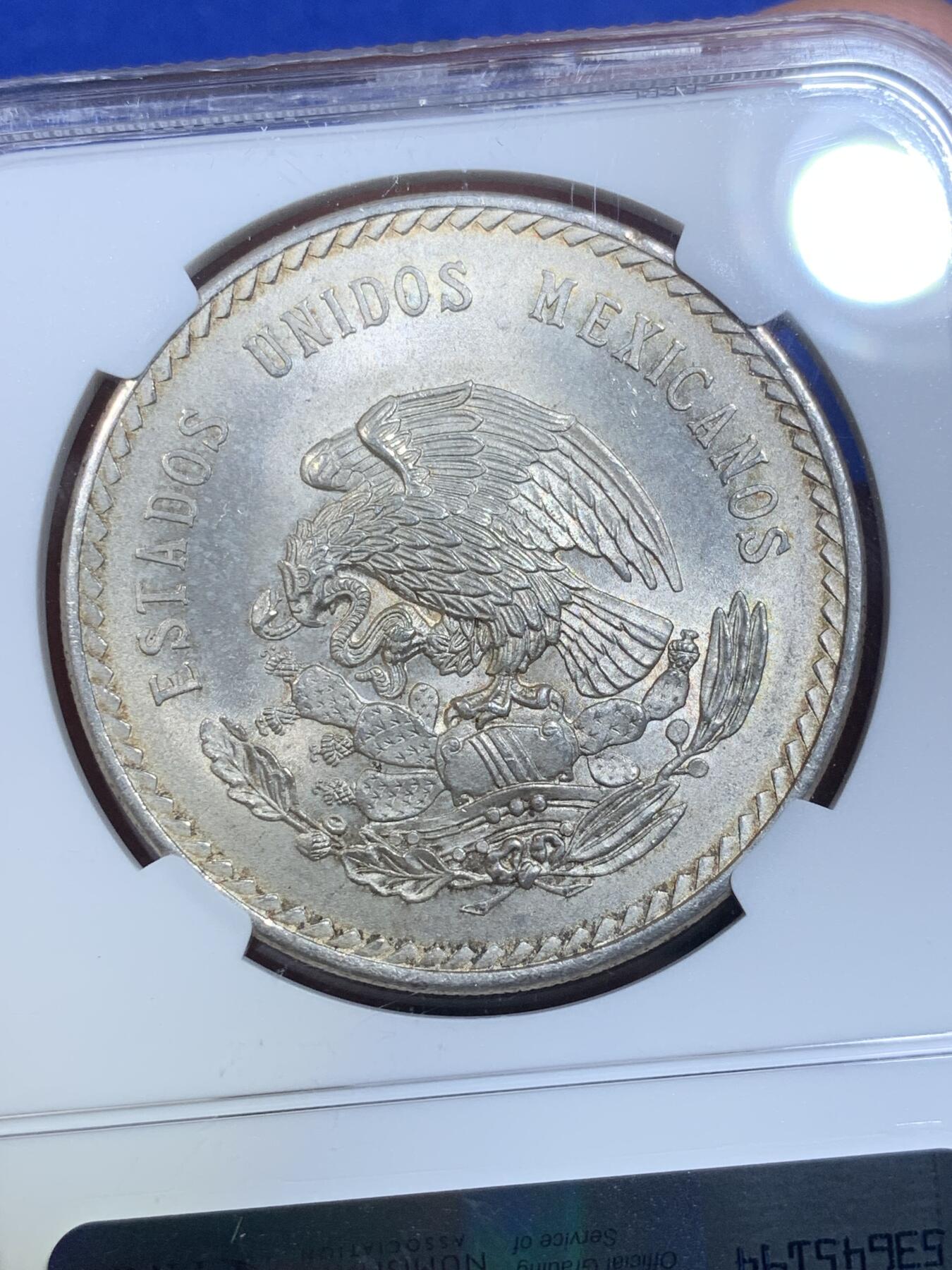 《竞宝斋》第269场- 周日，周一，周二  3场连拍 （全场包邮） NGC MS64 墨西哥1948Mo酋长头像5比索银币 老包浆