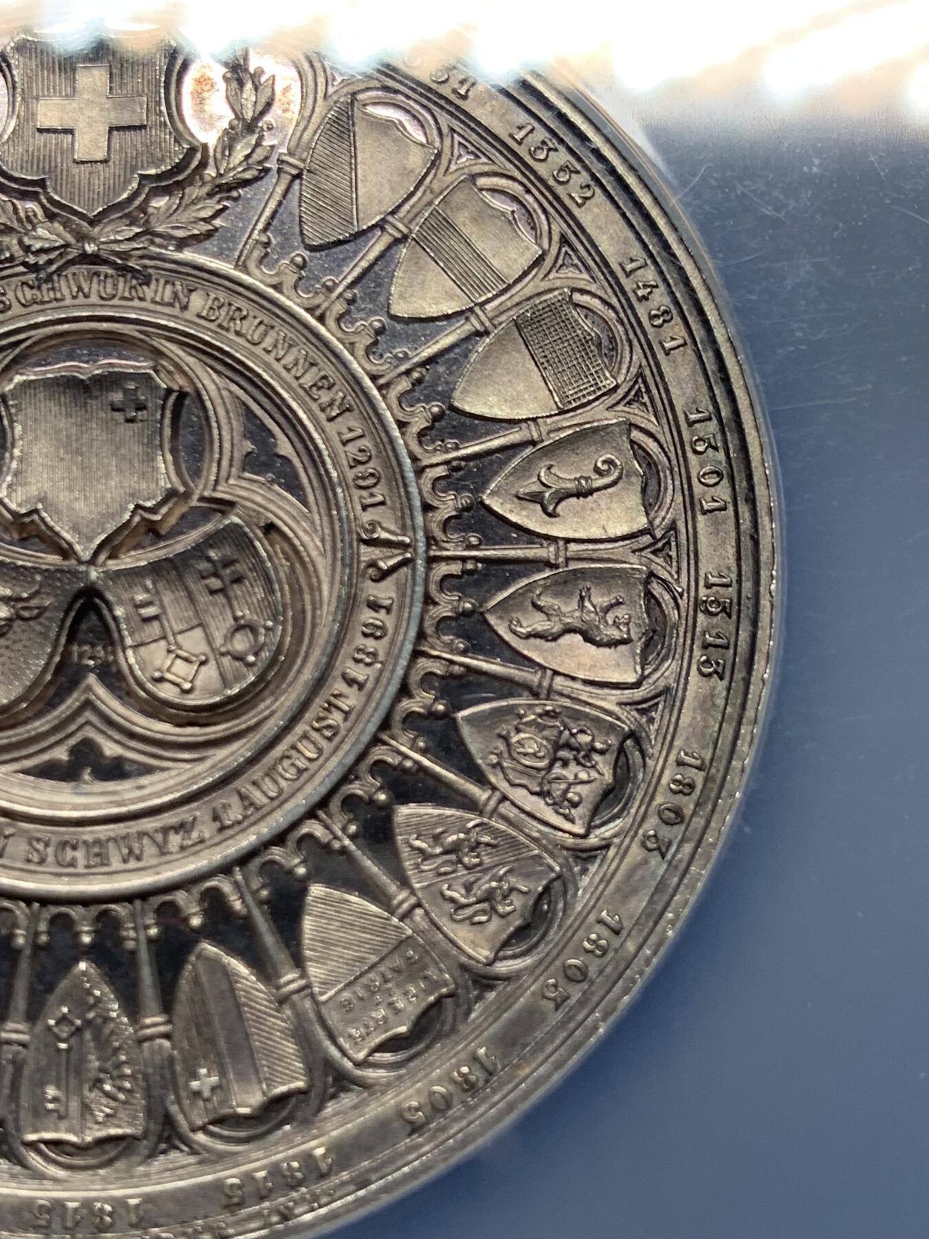 《竞宝斋》第269场- 周日，周一，周二  3场连拍 （全场包邮） NGC UNCD 1891年 瑞士联邦600周年纪念银章 镜面感强烈 背面设计极美 NGC加大盒