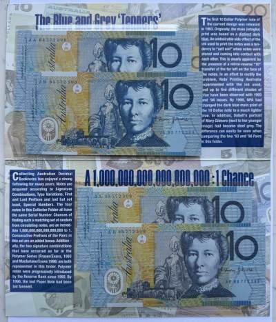 “麦稀奇世界钱币展” 2024第22场（总第174期）：测试钞、纪念钞、连体钞综合场 - 澳大利亚“10元蓝灰色版本更换纪念”一套4枚同号钞册装UNC（JA/JB93 AA/AB98 772509）