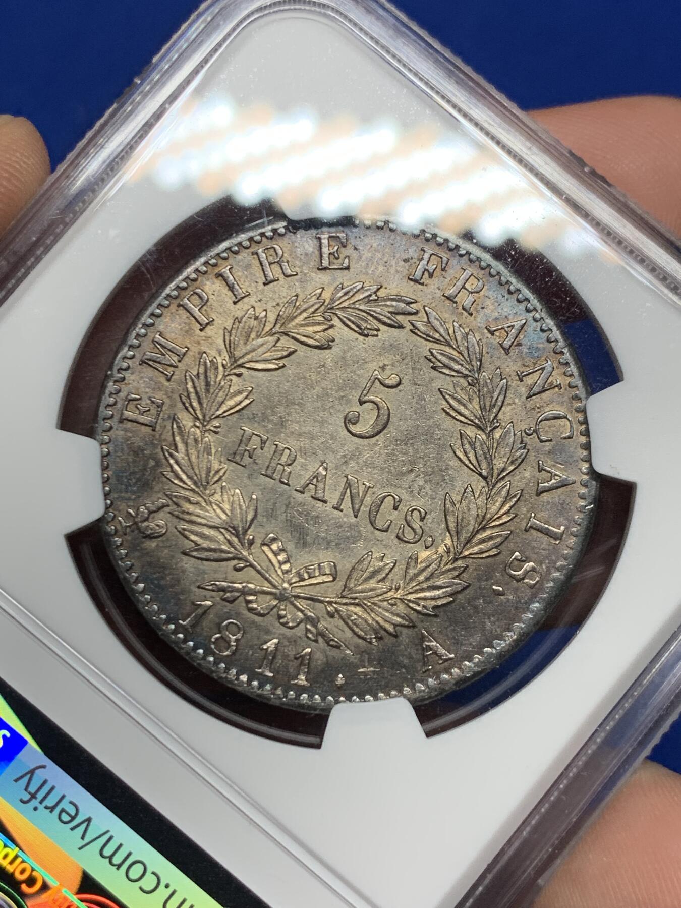 《竞宝斋》第269场- 周日，周一，周二  3场连拍 （全场包邮） NGC AU58 法国1811年拿破仑头像5法郎 原光深打好品