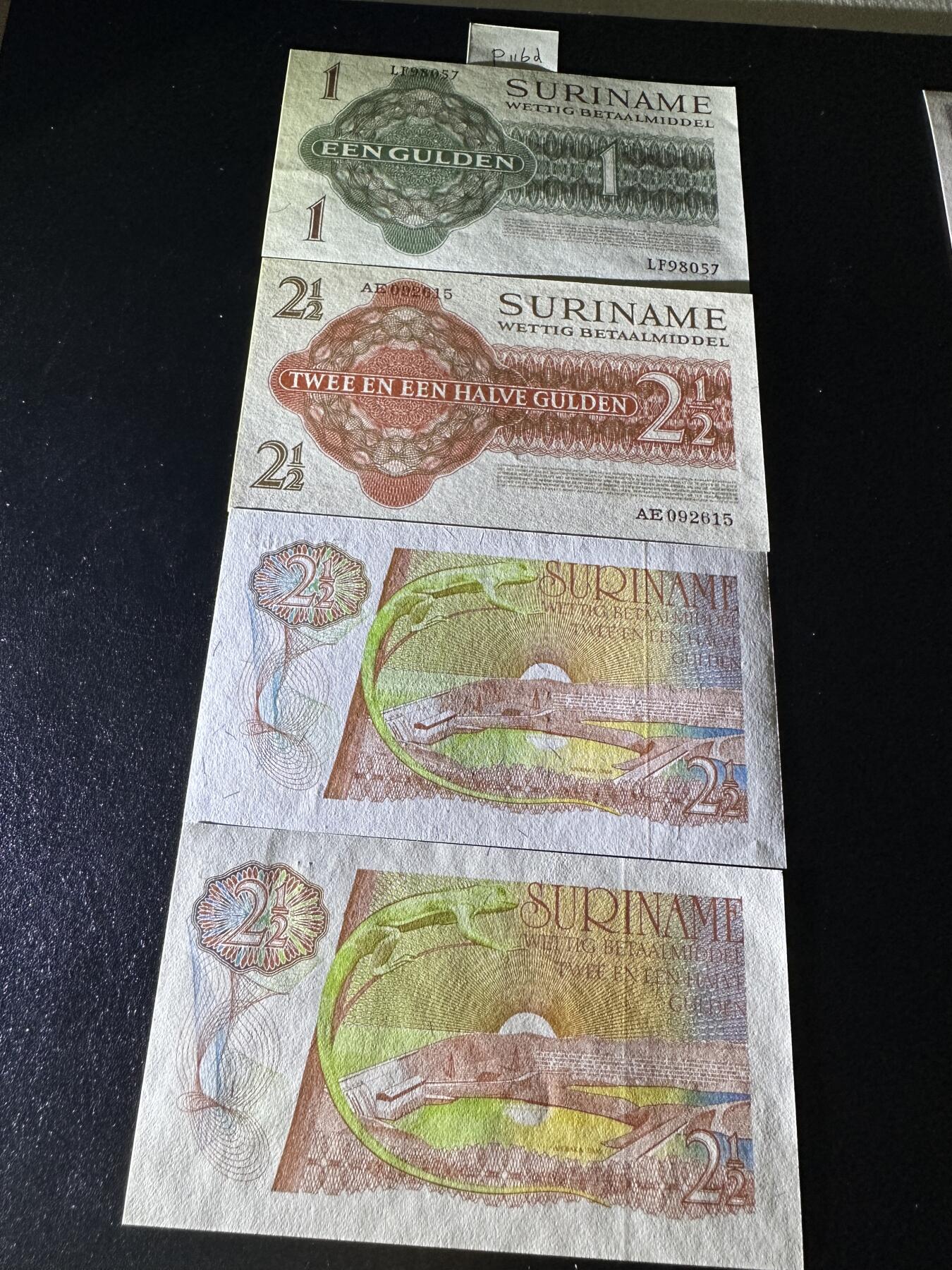 《外钞收藏家》第三百七十期（美洲纸币+其他） 苏里南早期套币，1/2.5/2.5/2.5盾，4枚难得的全套	P116-119 全新 荧光几乎没问题